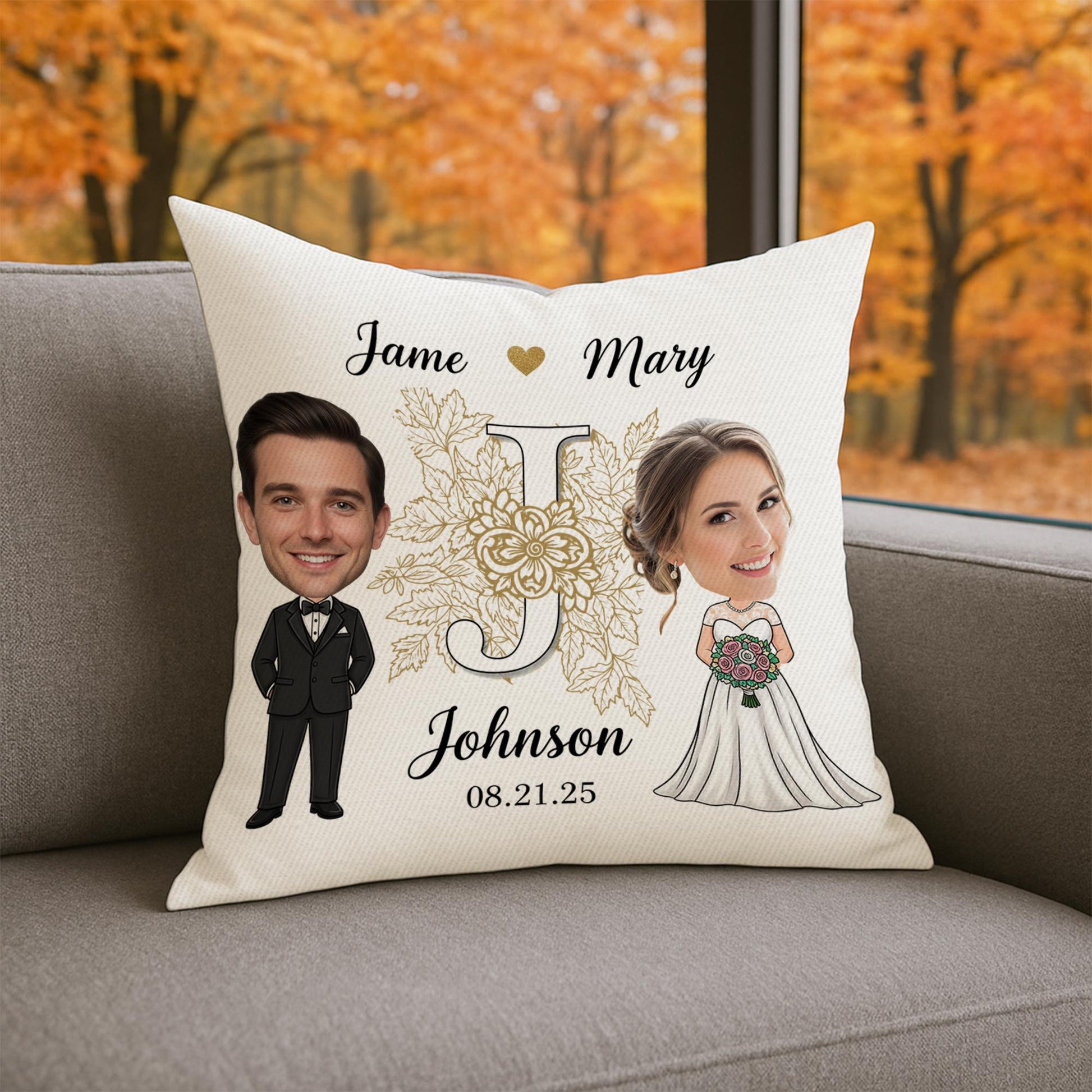 Custom Wedding Pillow - Personalized Bride & Groom Caricature Cushion with Names and Date | Unique Wedding Gift Keepsake