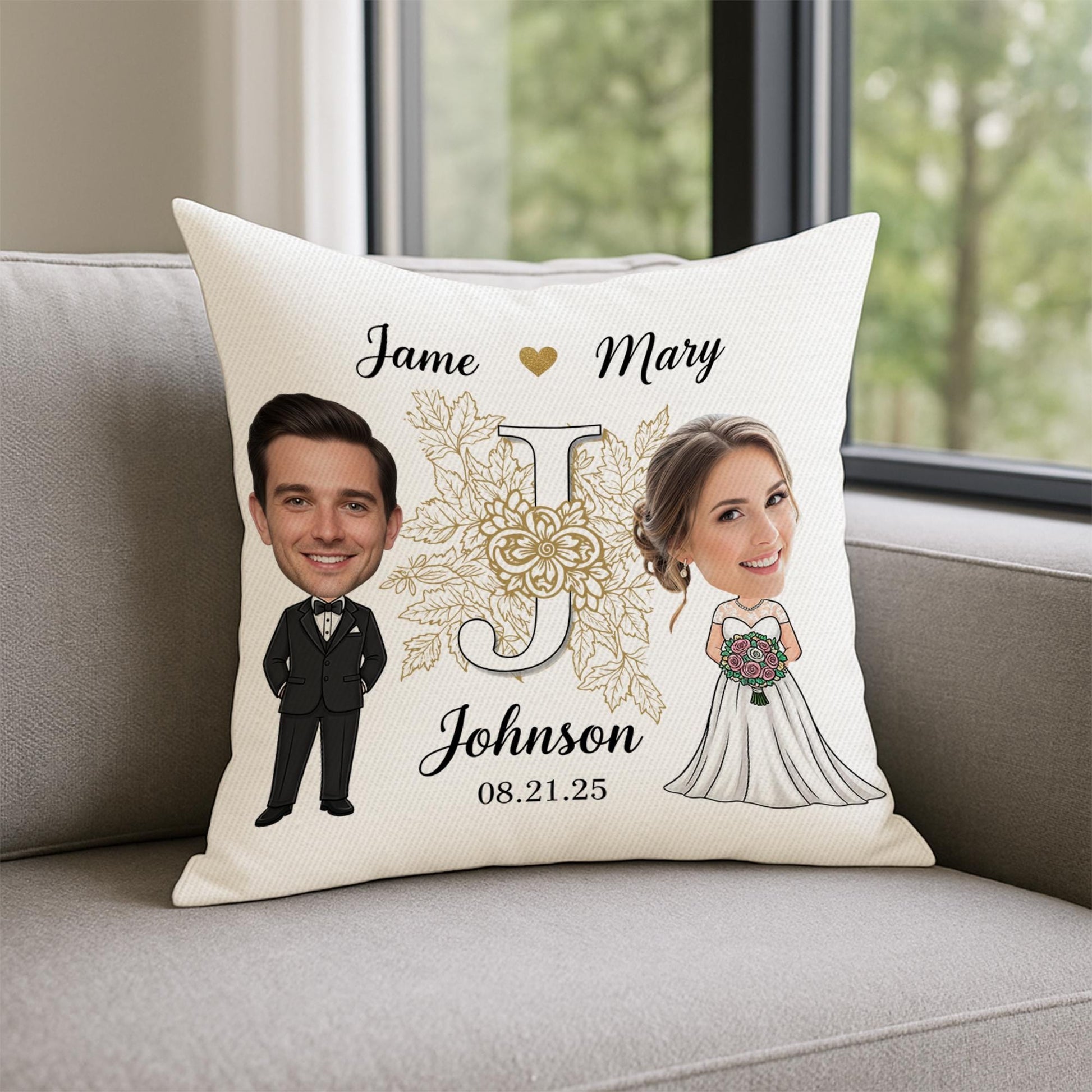 Custom Wedding Pillow - Personalized Bride & Groom Caricature Cushion with Names and Date | Unique Wedding Gift Keepsake