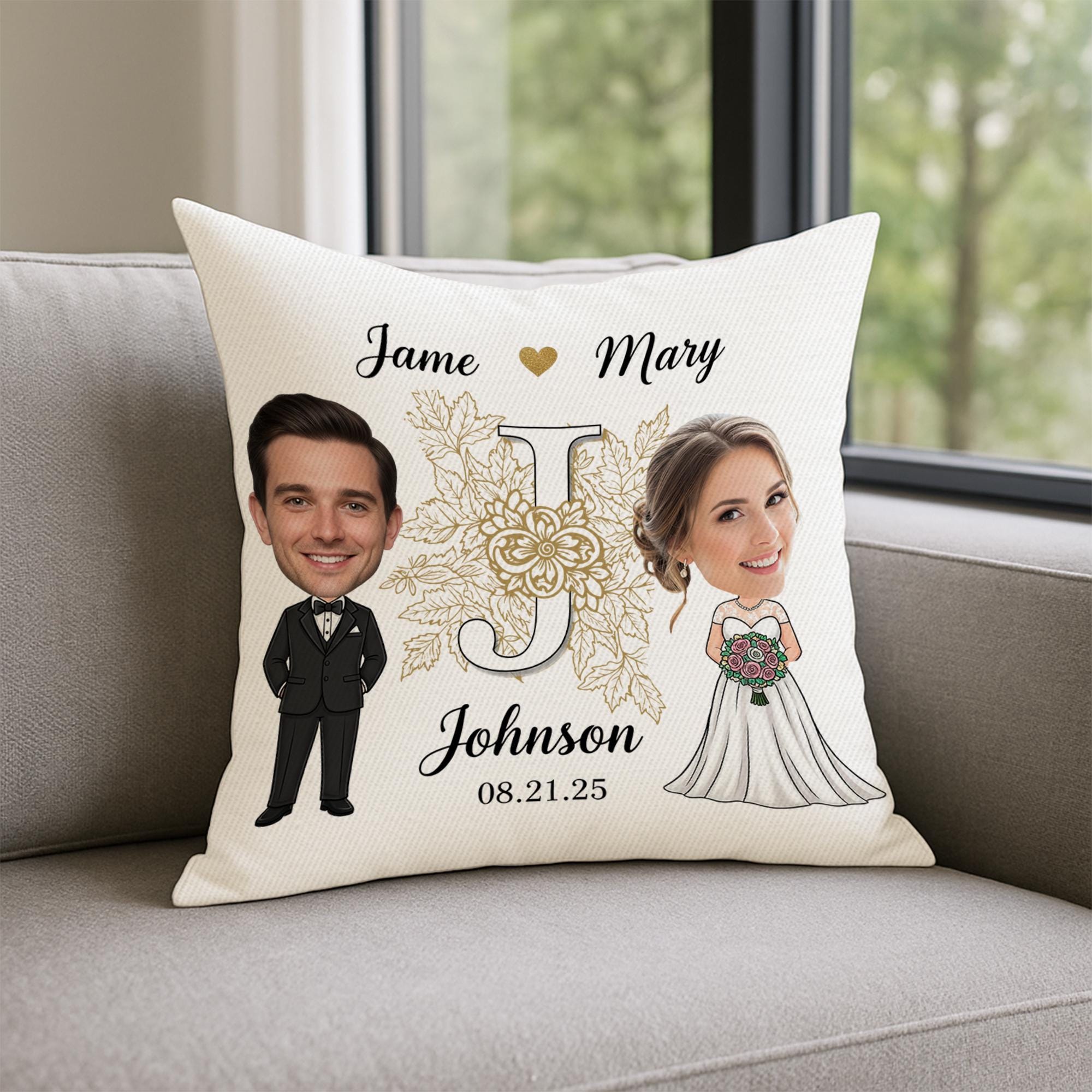 Custom Wedding Pillow - Personalized Bride & Groom Caricature Cushion with Names and Date | Unique Wedding Gift Keepsake