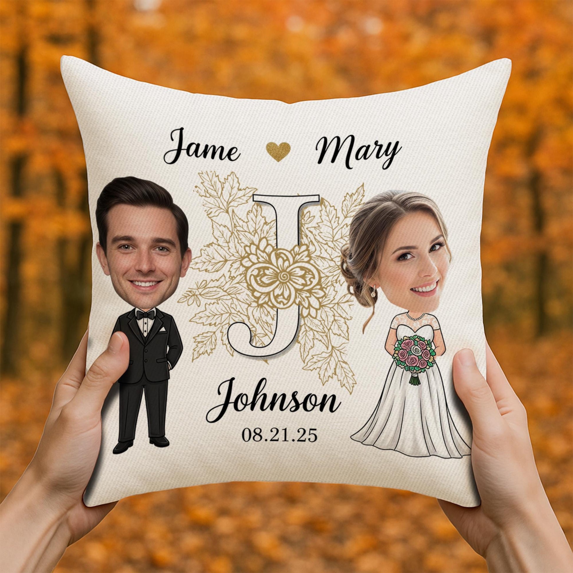Custom Wedding Pillow - Personalized Bride & Groom Caricature Cushion with Names and Date | Unique Wedding Gift Keepsake