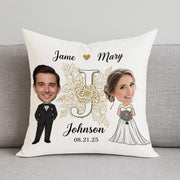 Custom Wedding Pillow - Personalized Bride & Groom Caricature Cushion with Names and Date | Unique Wedding Gift Keepsake