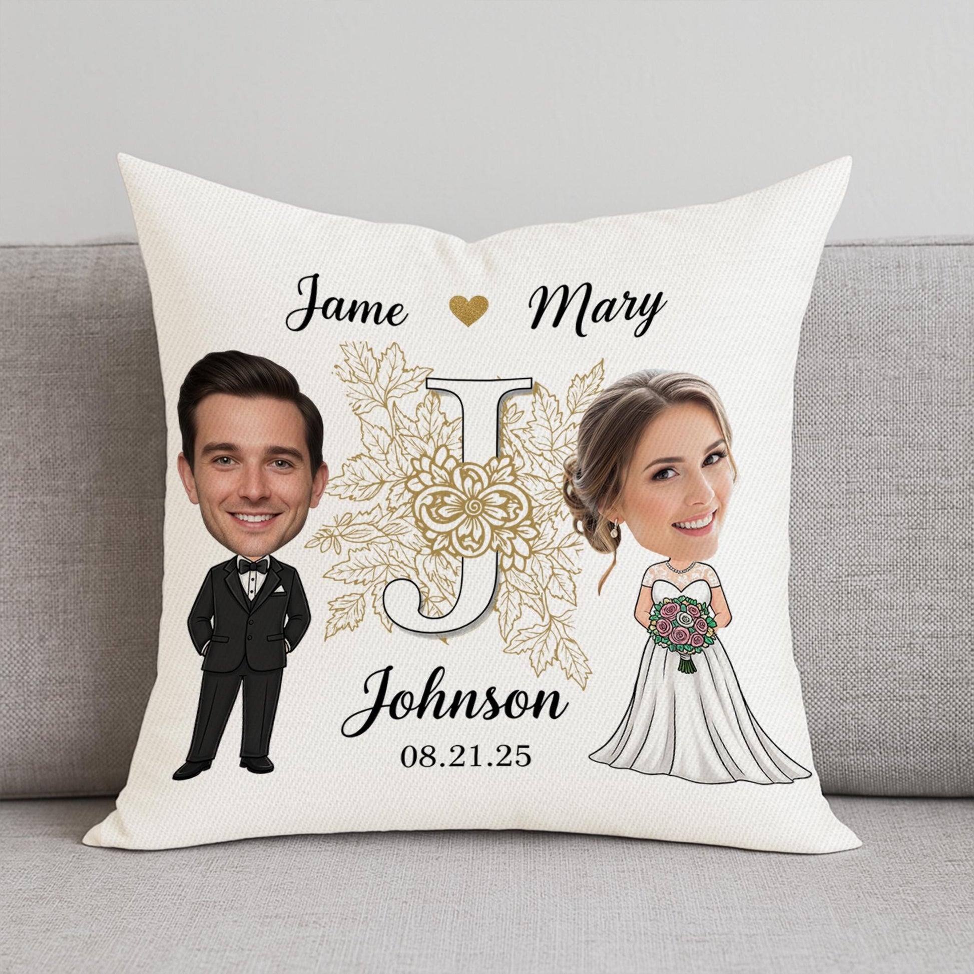 Custom Wedding Pillow - Personalized Bride & Groom Caricature Cushion with Names and Date | Unique Wedding Gift Keepsake