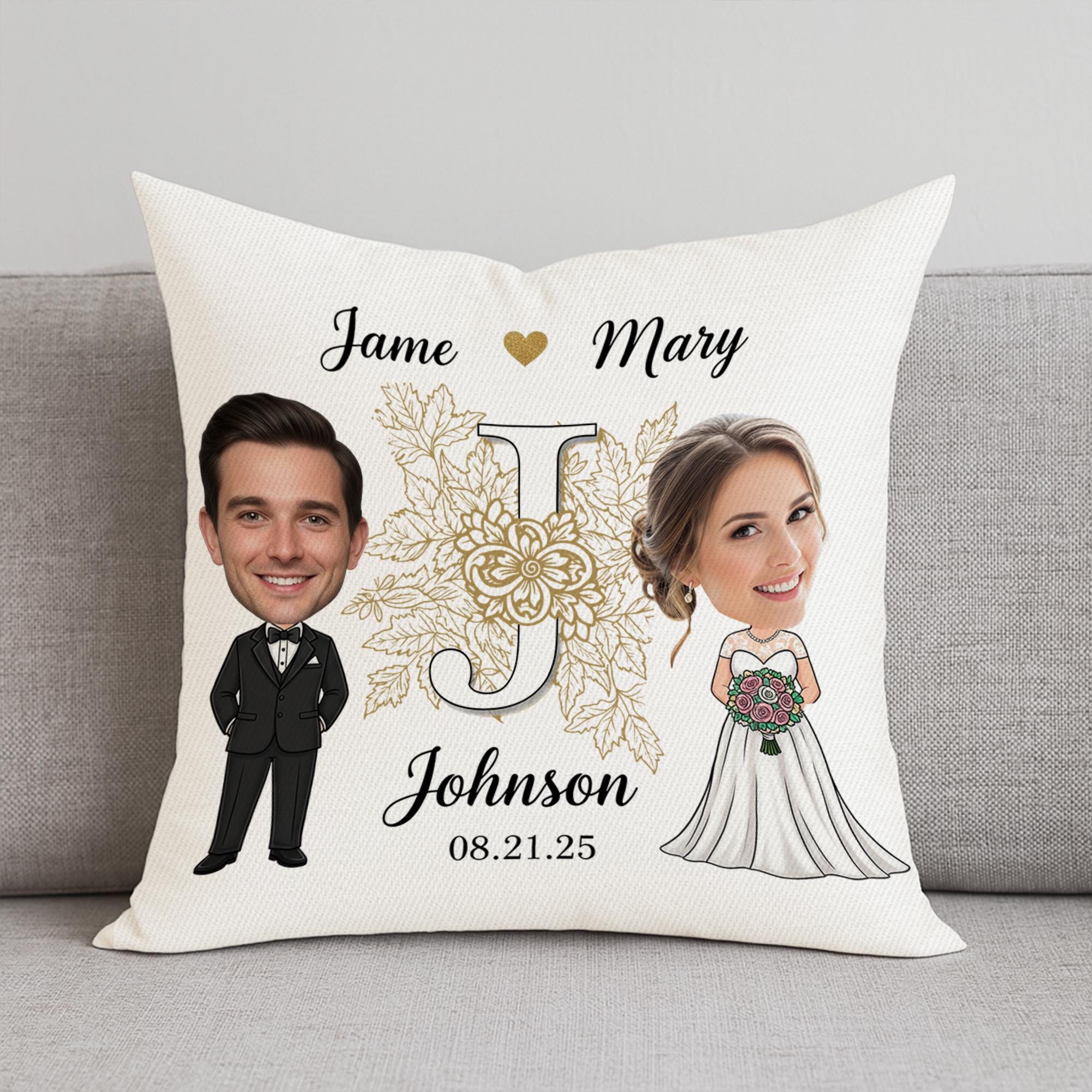 Custom Wedding Pillow - Personalized Bride & Groom Caricature Cushion with Names and Date | Unique Wedding Gift Keepsake