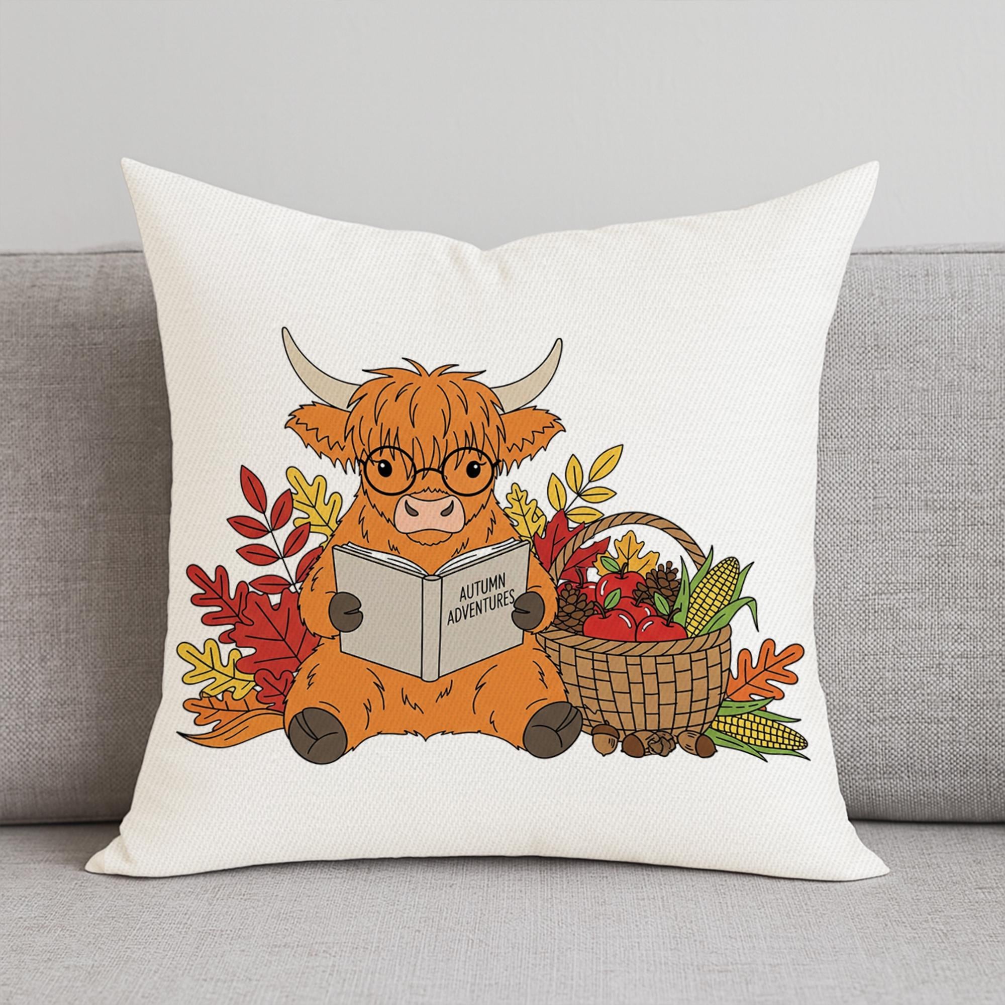 Autumn Highland Cow Pillow - Cute Fall Throw Cushion with Glasses & Harvest Basket | Rustic Farmhouse Home Decor Gift