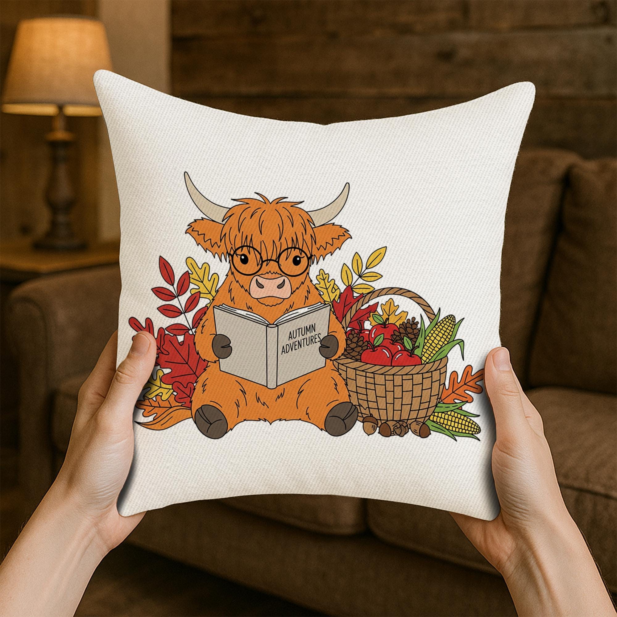 Autumn Highland Cow Pillow - Cute Fall Throw Cushion with Glasses & Harvest Basket | Rustic Farmhouse Home Decor Gift