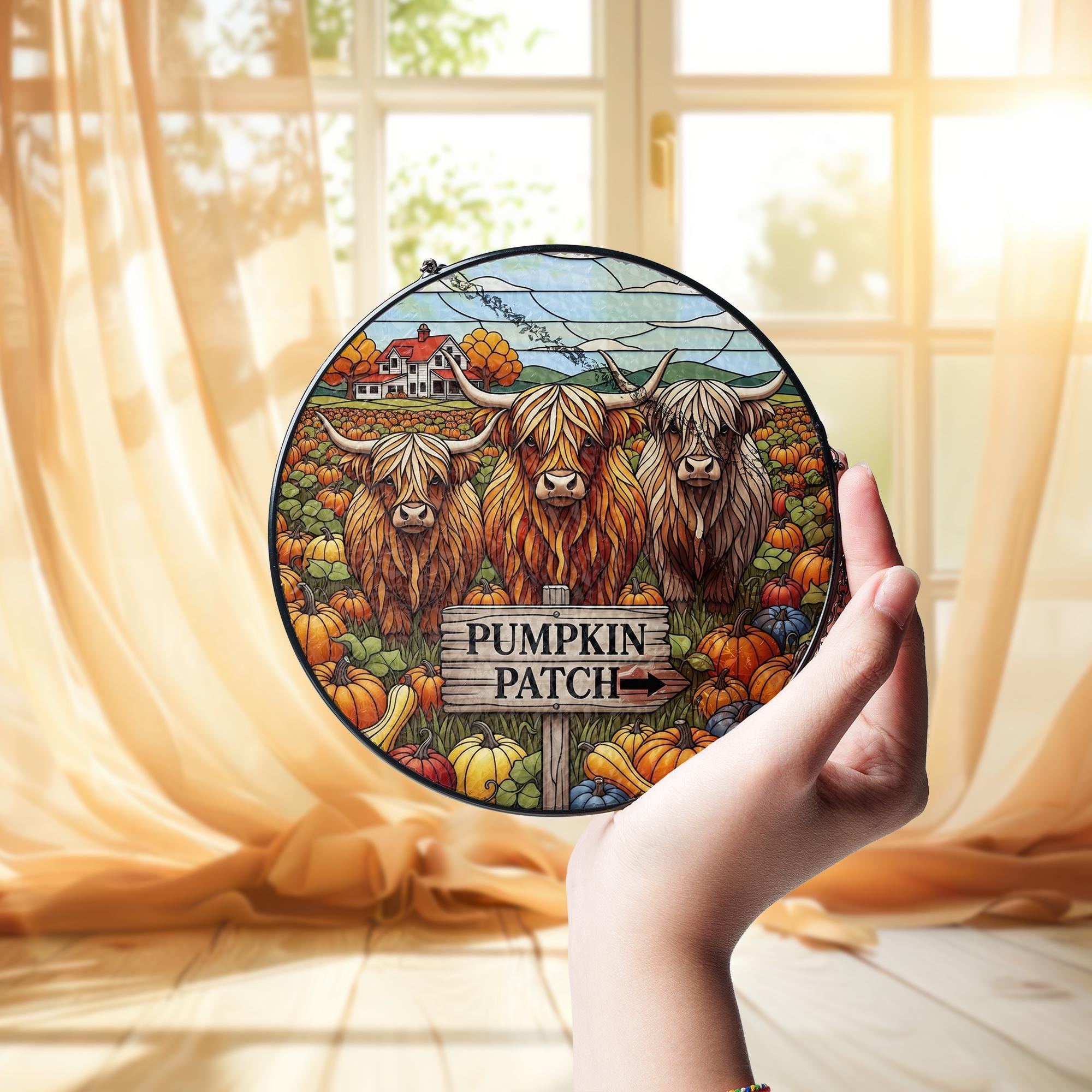 Highland Cow Pumpkin Patch Suncatcher - Faux Stained Glass Autumn Window Hanging | Rustic Farmhouse Fall Decor Gift