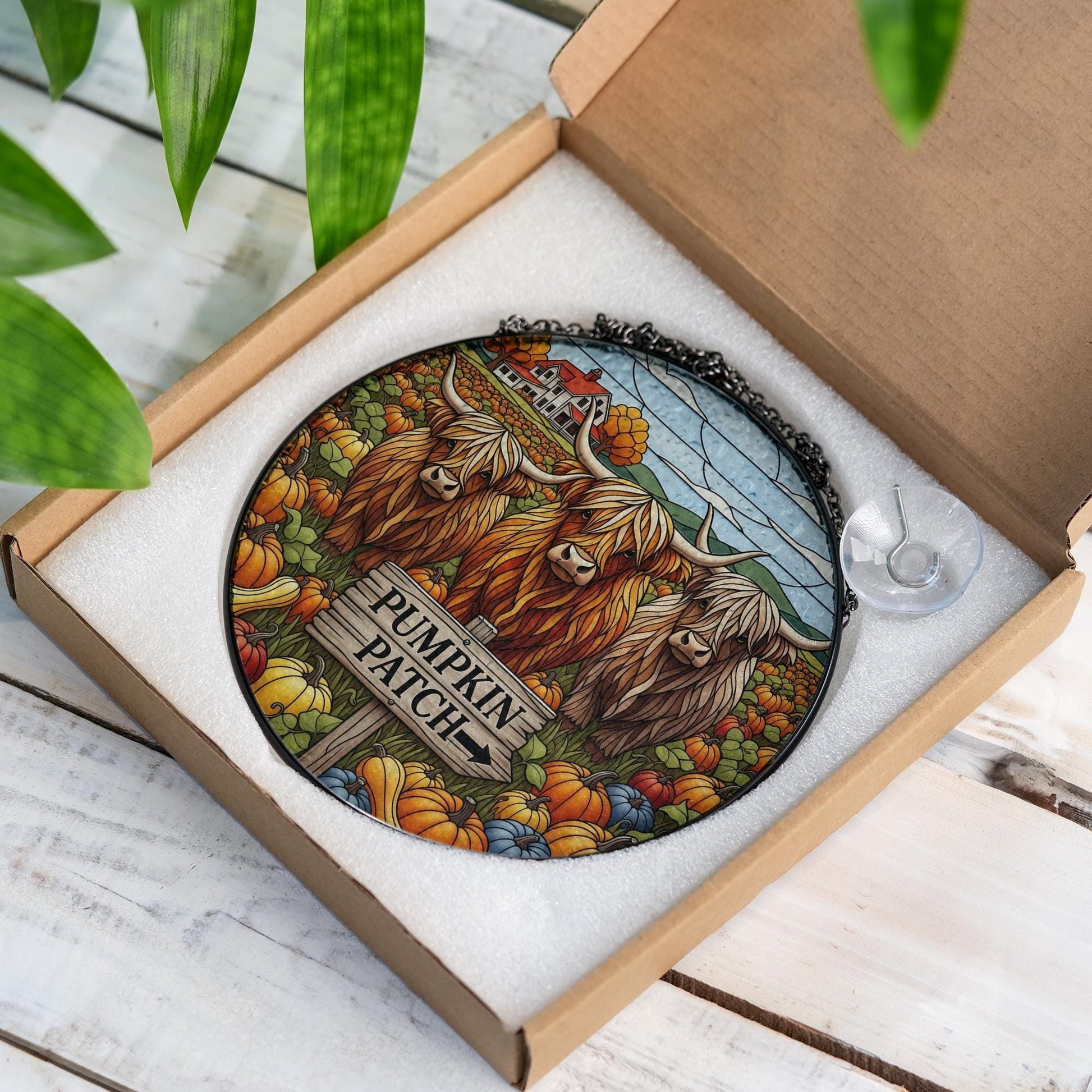 Highland Cow Pumpkin Patch Suncatcher - Faux Stained Glass Autumn Window Hanging | Rustic Farmhouse Fall Decor Gift