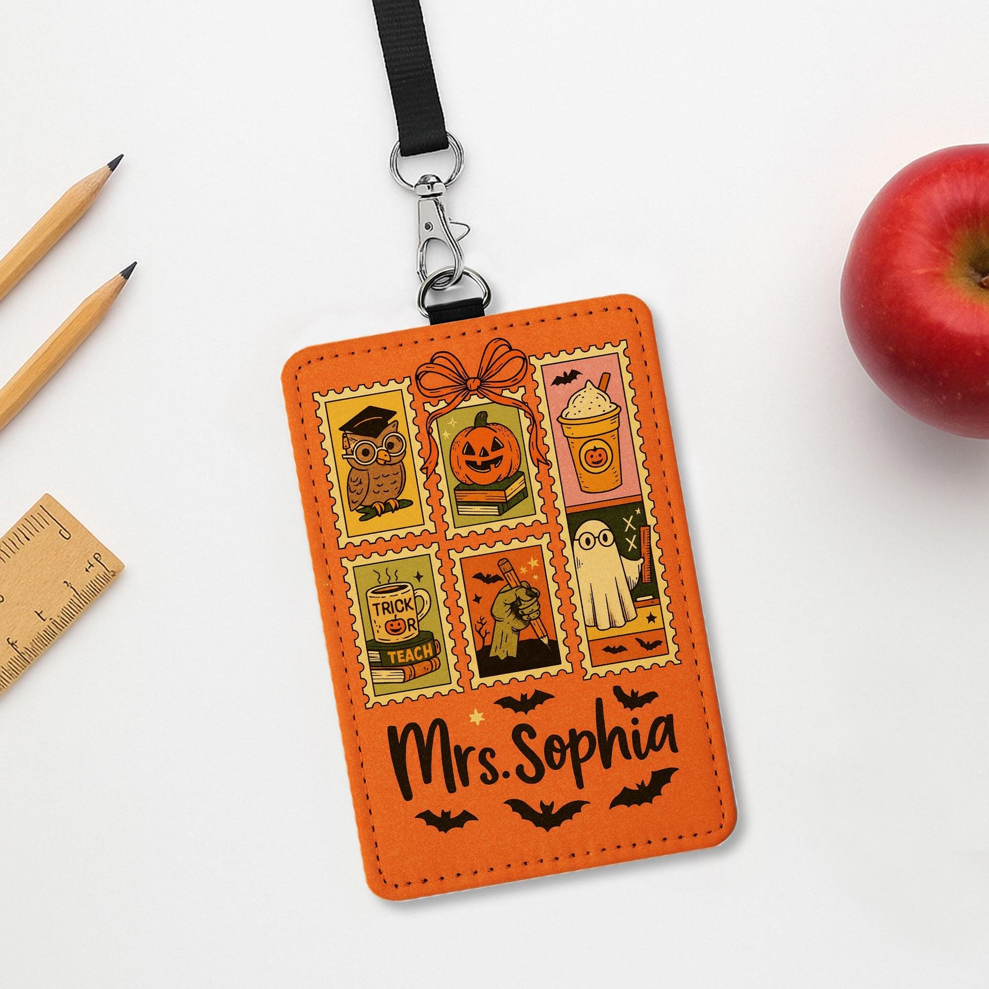 Custom Halloween Teacher Badge Holder | Cute Fall ID Card Holder | Personalized badge Gift for Teachers