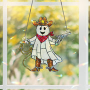 Cowboy Ghost Acrylic Window Hanging, Holographic Stained Glass Style Decor, Cute Halloween Gift, Suncatcher Style, Western Window Hanging