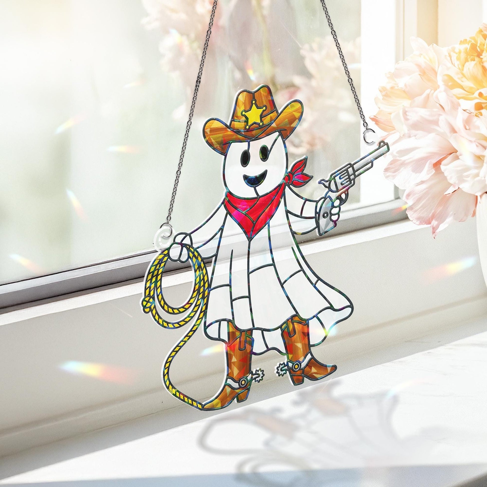 Cowboy Ghost Acrylic Window Hanging, Holographic Stained Glass Style Decor, Cute Halloween Gift, Suncatcher Style, Western Window Hanging