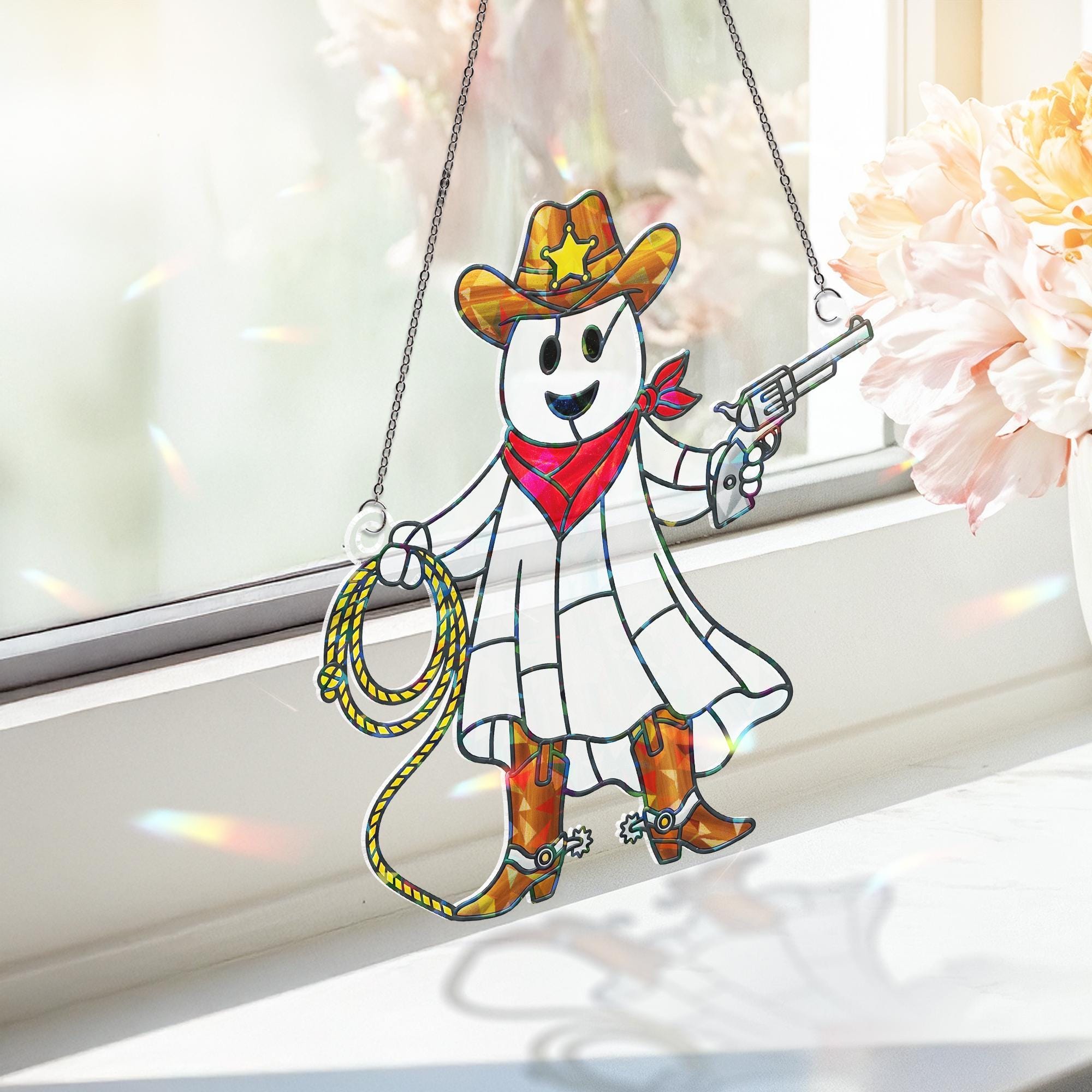 Cowboy Ghost Acrylic Window Hanging, Holographic Stained Glass Style Decor, Cute Halloween Gift, Suncatcher Style, Western Window Hanging