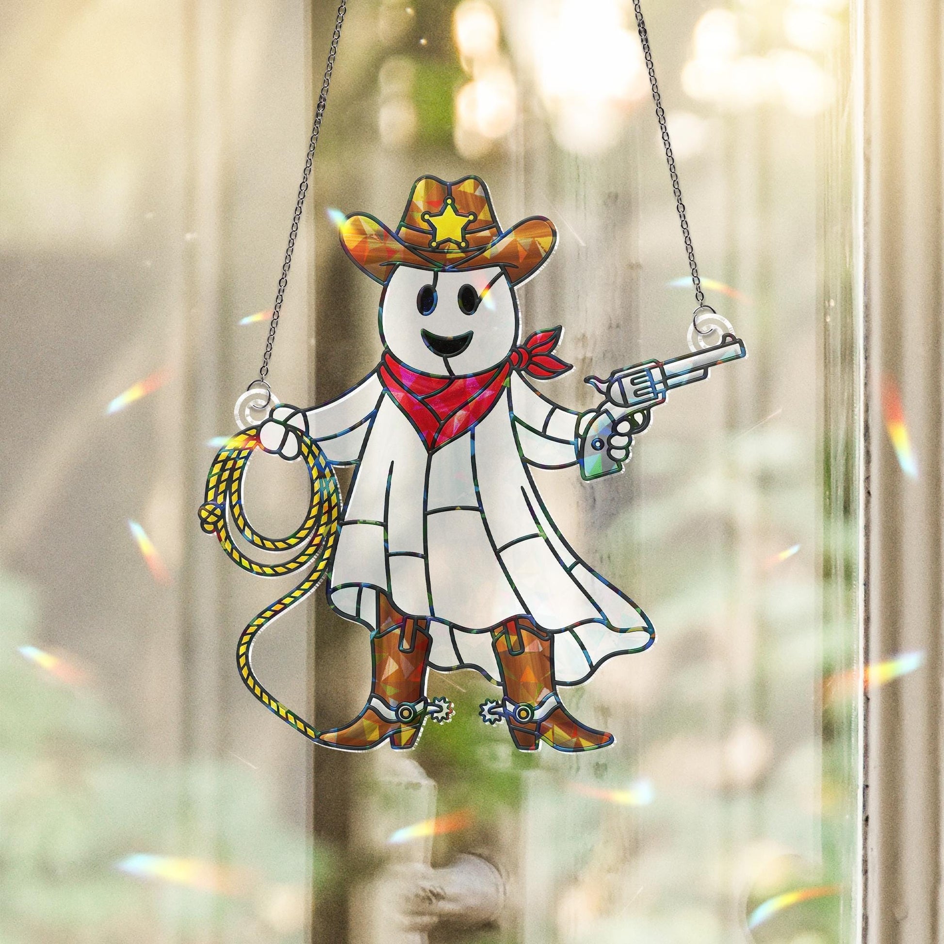 Cowboy Ghost Acrylic Window Hanging, Holographic Stained Glass Style Decor, Cute Halloween Gift, Suncatcher Style, Western Window Hanging