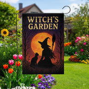 Witch Garden Flag, Outdoor Halloween Yard Decor, Witch and Cat Silhouette with Moon, Spooky Garden Banner, Seasonal Porch Decoration