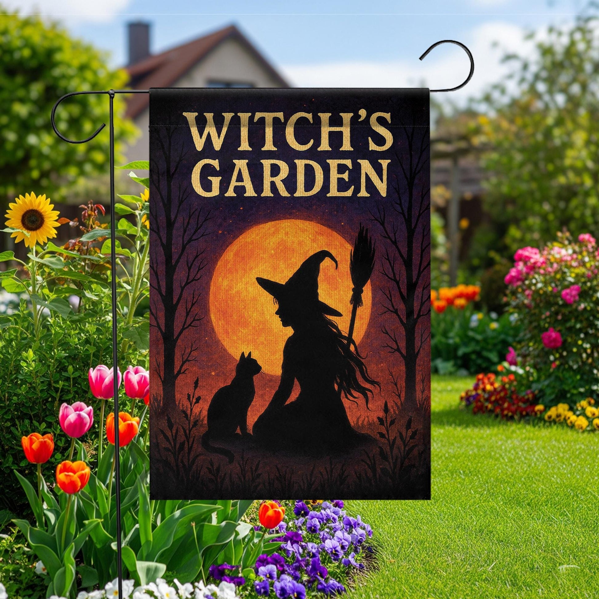 Witch Garden Flag, Outdoor Halloween Yard Decor, Witch and Cat Silhouette with Moon, Spooky Garden Banner, Seasonal Porch Decoration