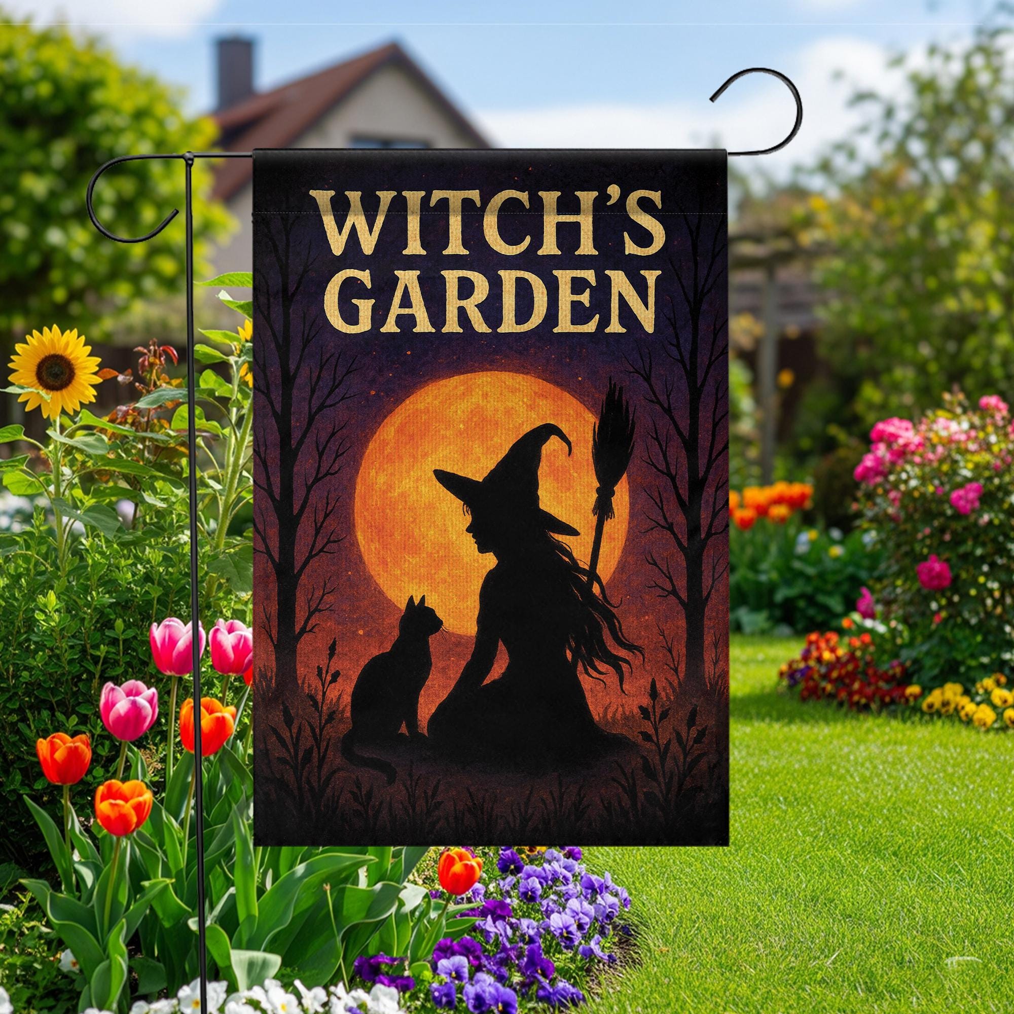 Witch Garden Flag, Outdoor Halloween Yard Decor, Witch and Cat Silhouette with Moon, Spooky Garden Banner, Seasonal Porch Decoration