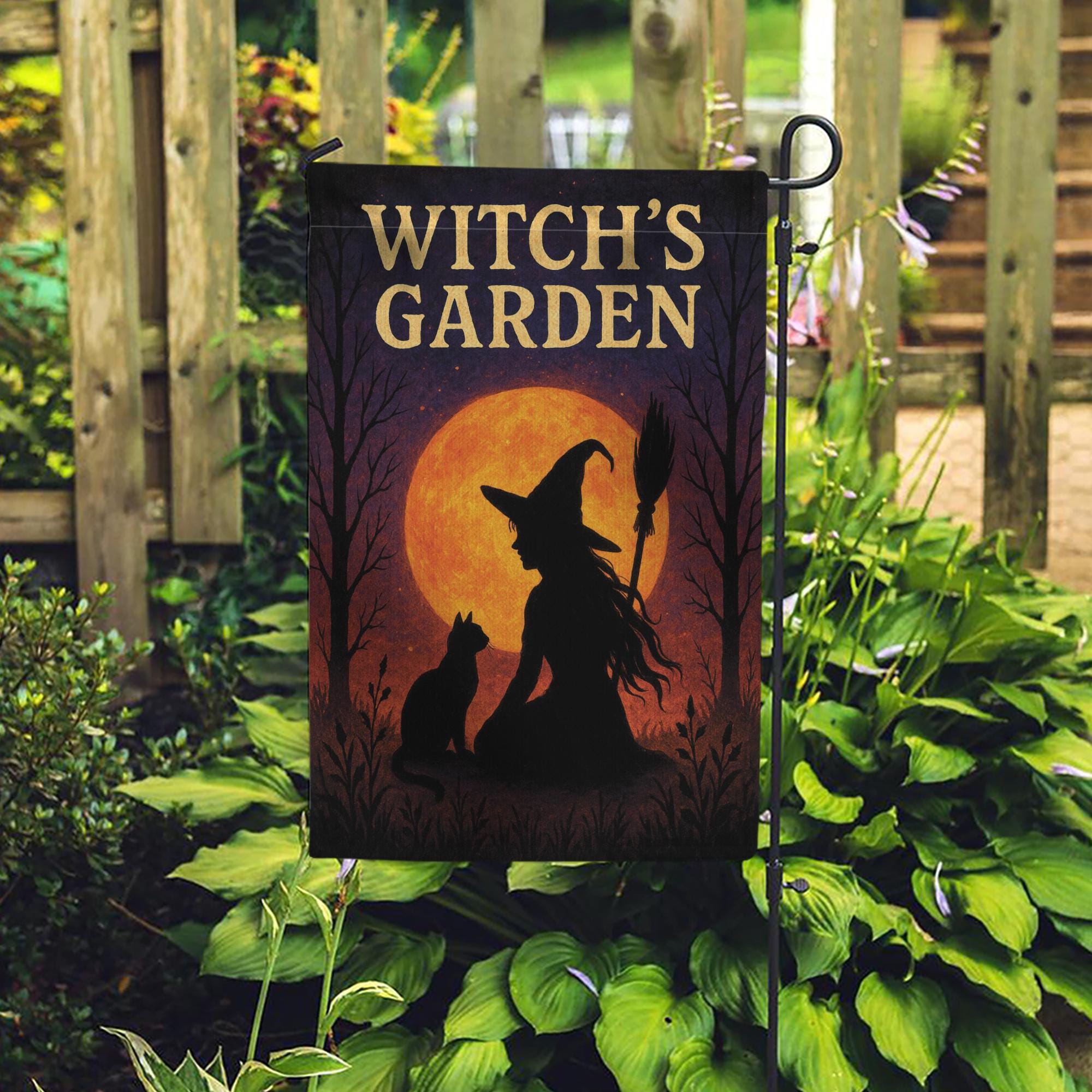 Witch Garden Flag, Outdoor Halloween Yard Decor, Witch and Cat Silhouette with Moon, Spooky Garden Banner, Seasonal Porch Decoration