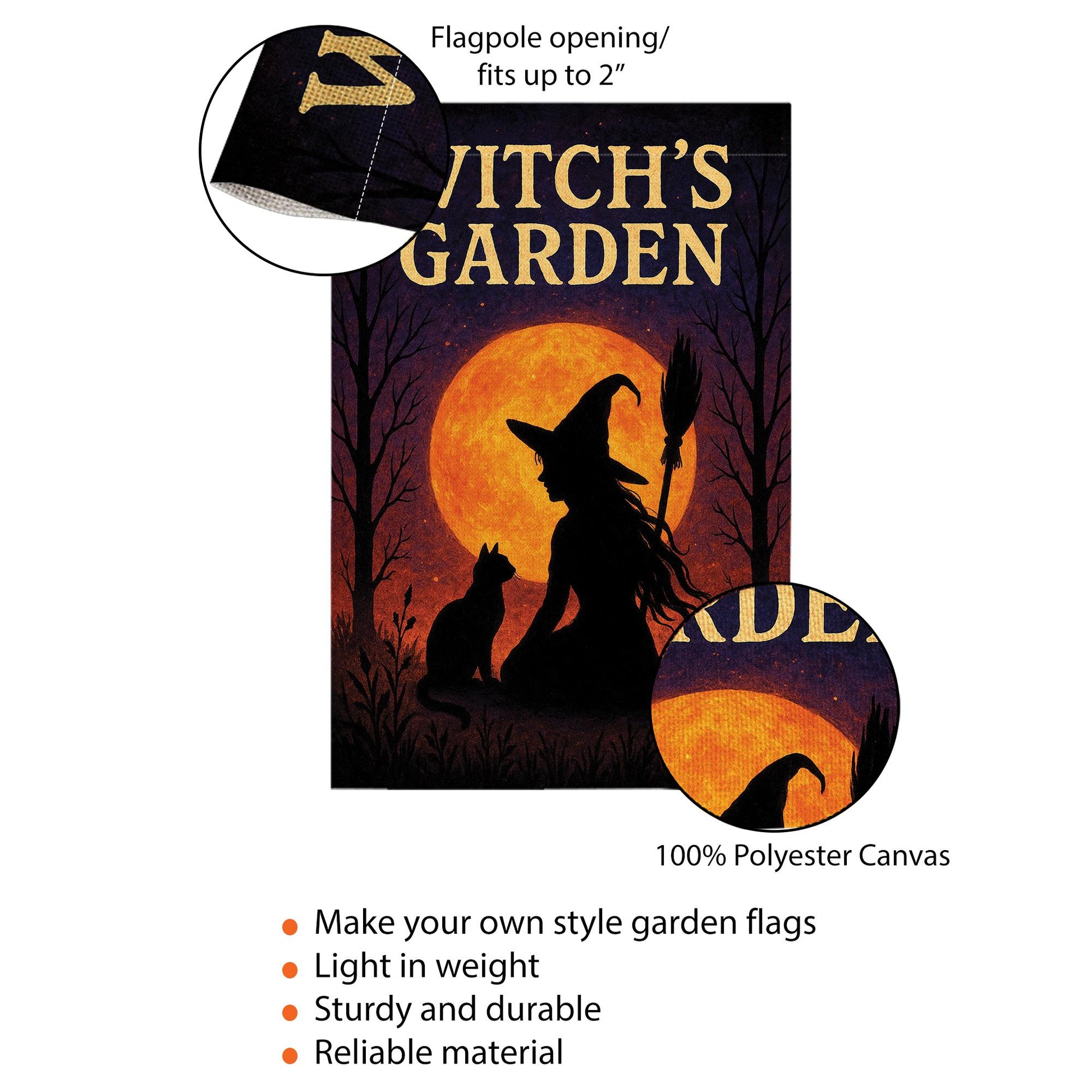 Witch Garden Flag, Outdoor Halloween Yard Decor, Witch and Cat Silhouette with Moon, Spooky Garden Banner, Seasonal Porch Decoration