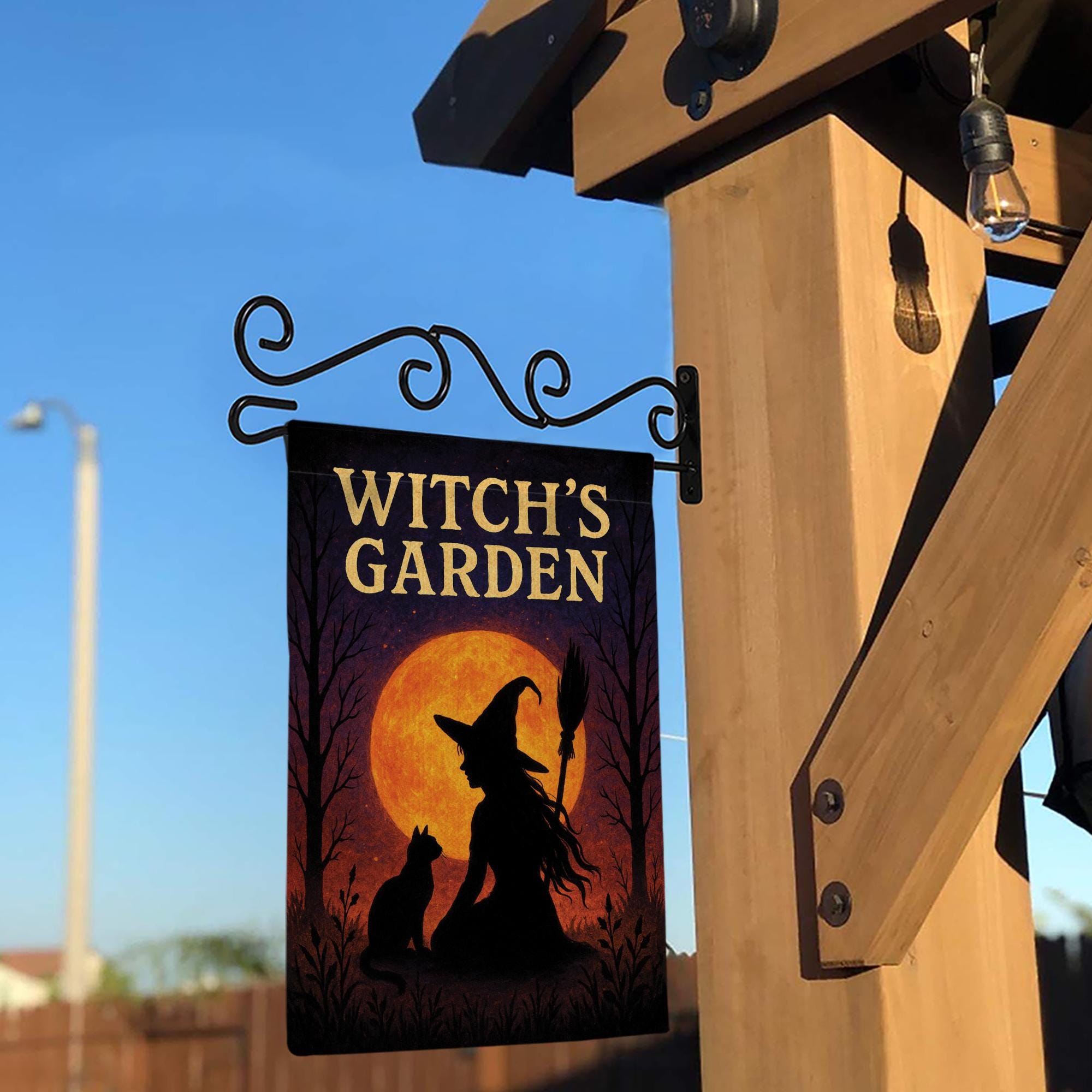 Witch Garden Flag, Outdoor Halloween Yard Decor, Witch and Cat Silhouette with Moon, Spooky Garden Banner, Seasonal Porch Decoration