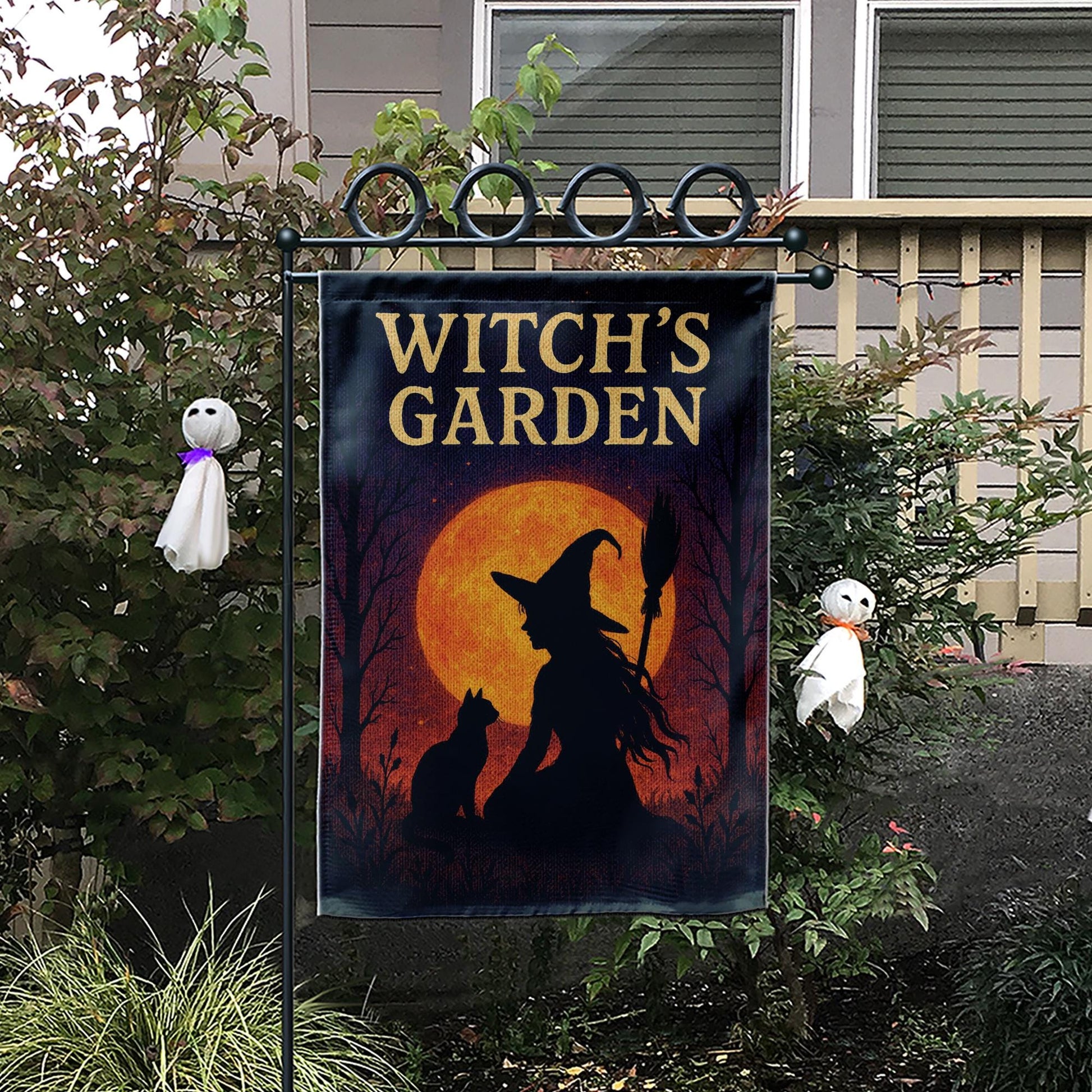 Witch Garden Flag, Outdoor Halloween Yard Decor, Witch and Cat Silhouette with Moon, Spooky Garden Banner, Seasonal Porch Decoration