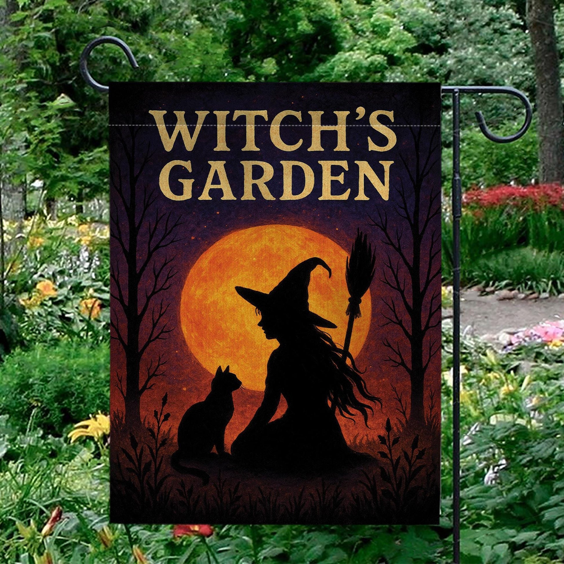 Witch Garden Flag, Outdoor Halloween Yard Decor, Witch and Cat Silhouette with Moon, Spooky Garden Banner, Seasonal Porch Decoration
