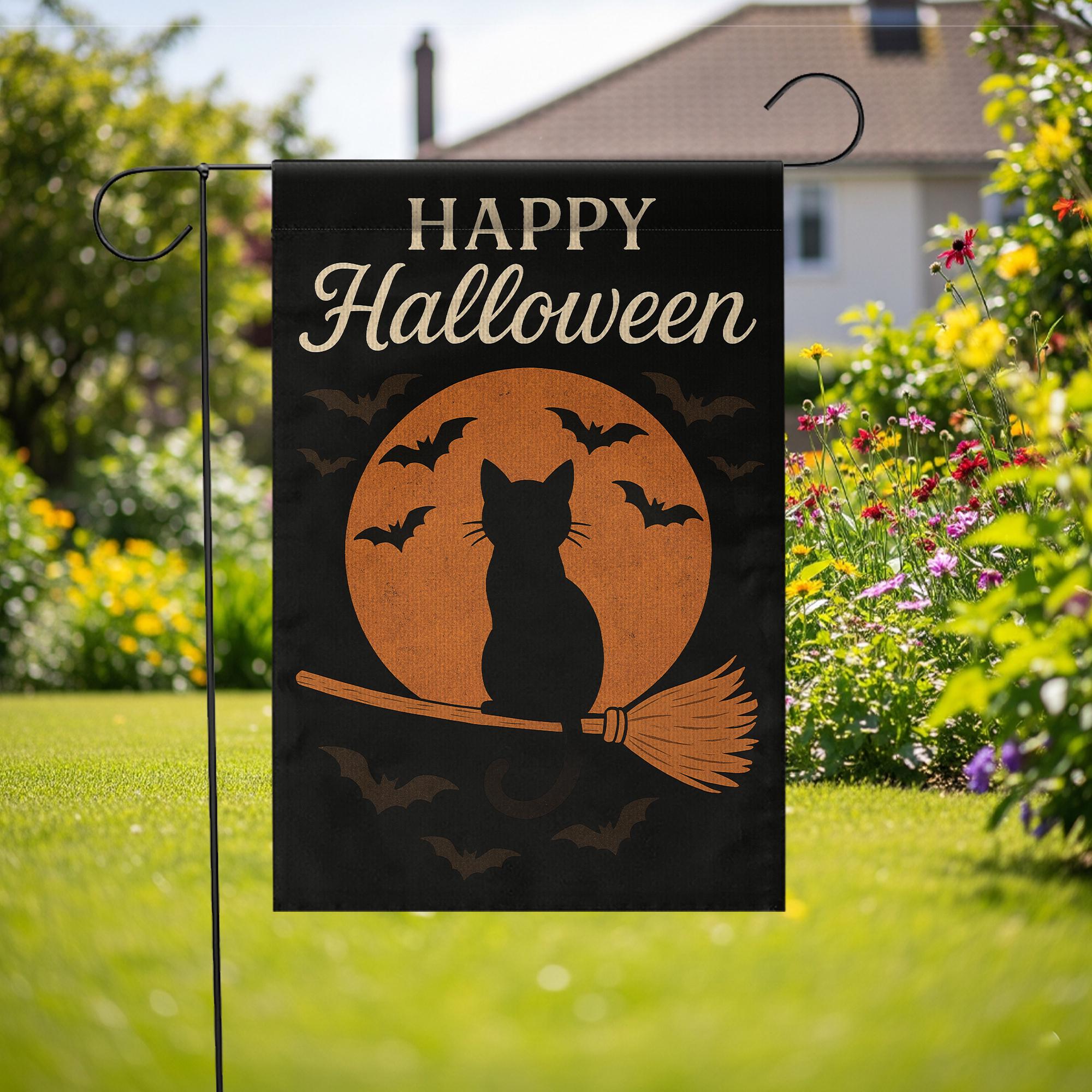 Happy Halloween Garden Flag, Black Cat on Broom Outdoor Decor, Spooky Moon and Bat Yard Banner, Seasonal Porch Decoration