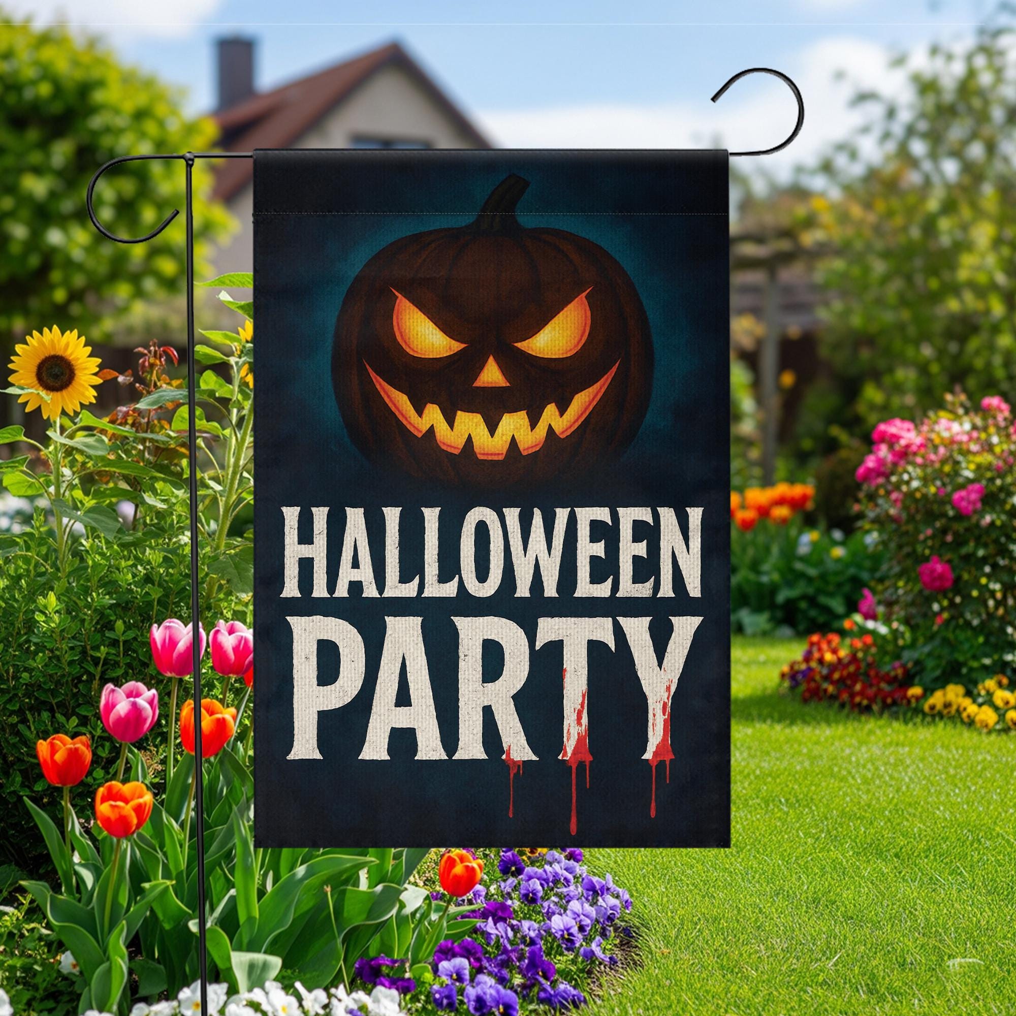 Halloween Party Garden Flag, Scary Pumpkin Jack O Lantern Yard Decor, Spooky Outdoor Banner, Haunted House Party Decoration