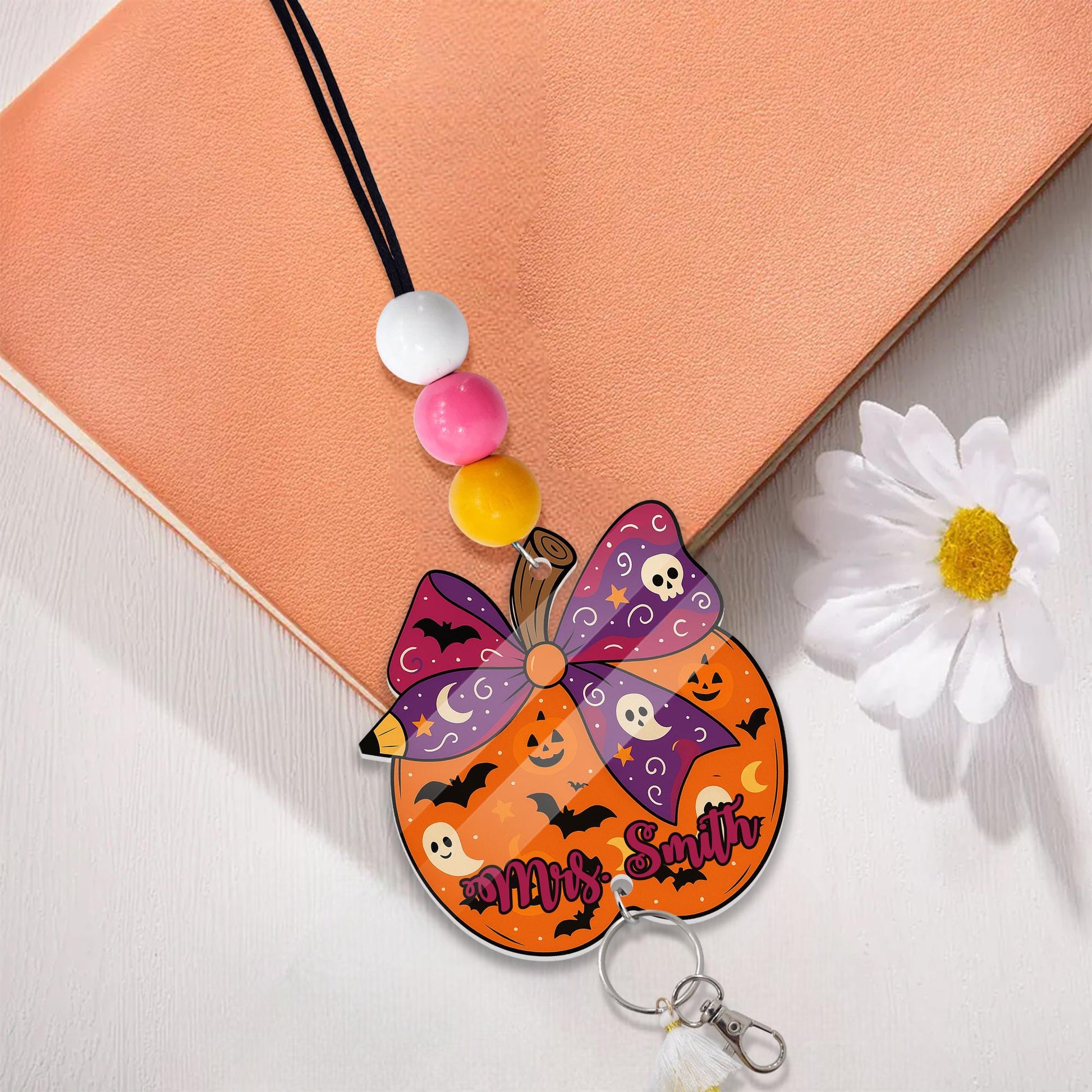 Custom Halloween Teacher Lanyard | Beaded Pumpkin ID Badge Holder | Personalized Fall Classroom Gift