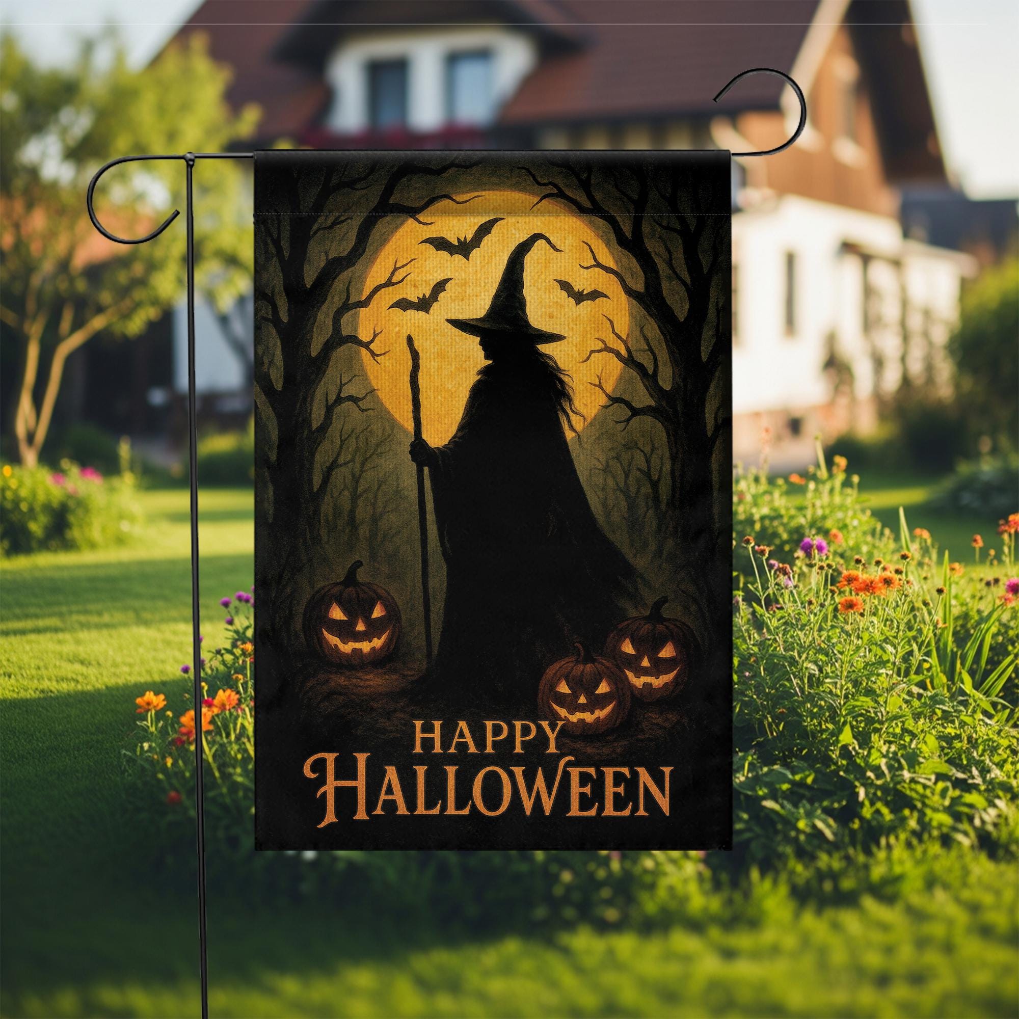 Happy Halloween Garden Flag, Witch Silhouette Outdoor Yard Banner, Spooky Pumpkin and Bat Porch Decor, Seasonal Gothic Decoration