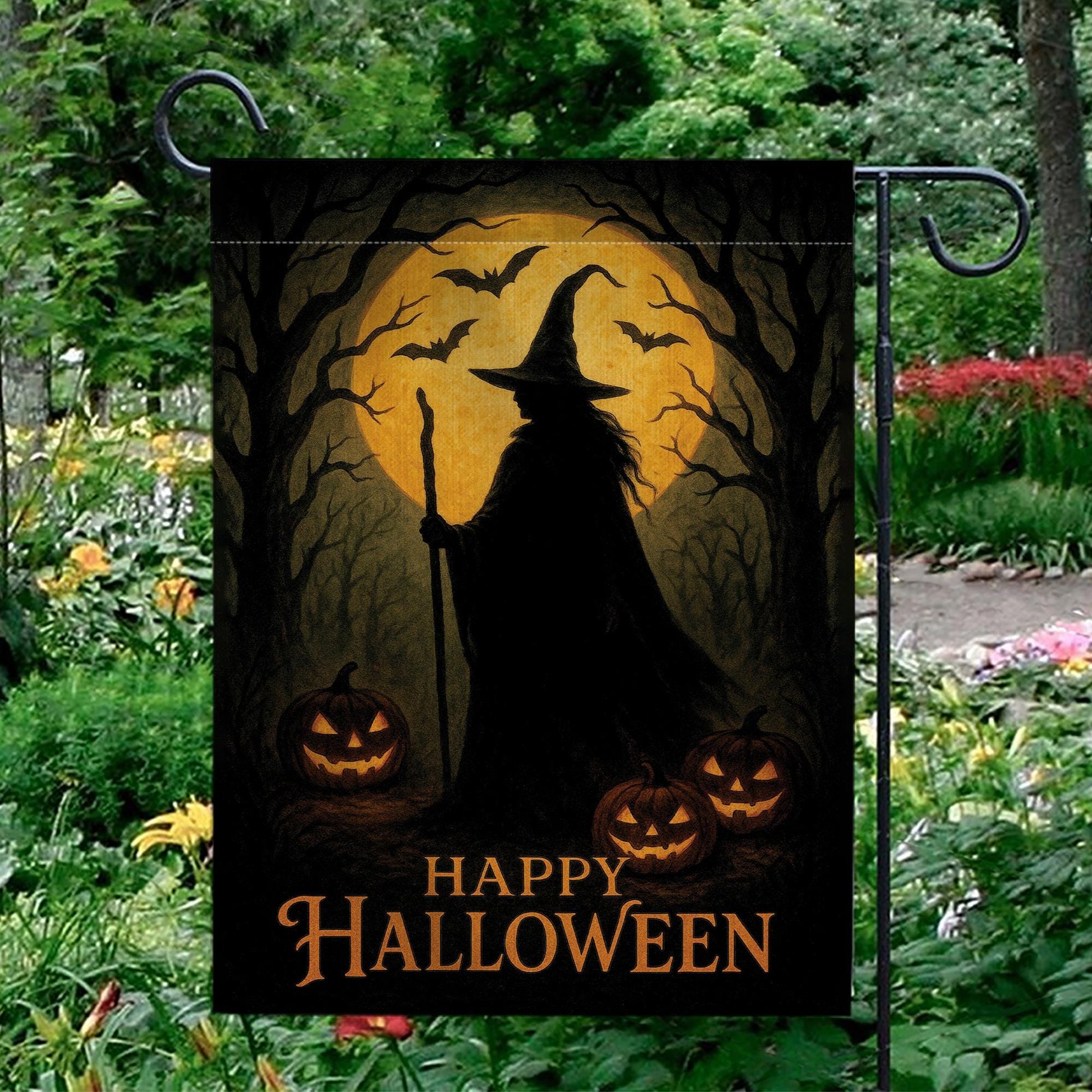 Happy Halloween Garden Flag, Witch Silhouette Outdoor Yard Banner, Spooky Pumpkin and Bat Porch Decor, Seasonal Gothic Decoration