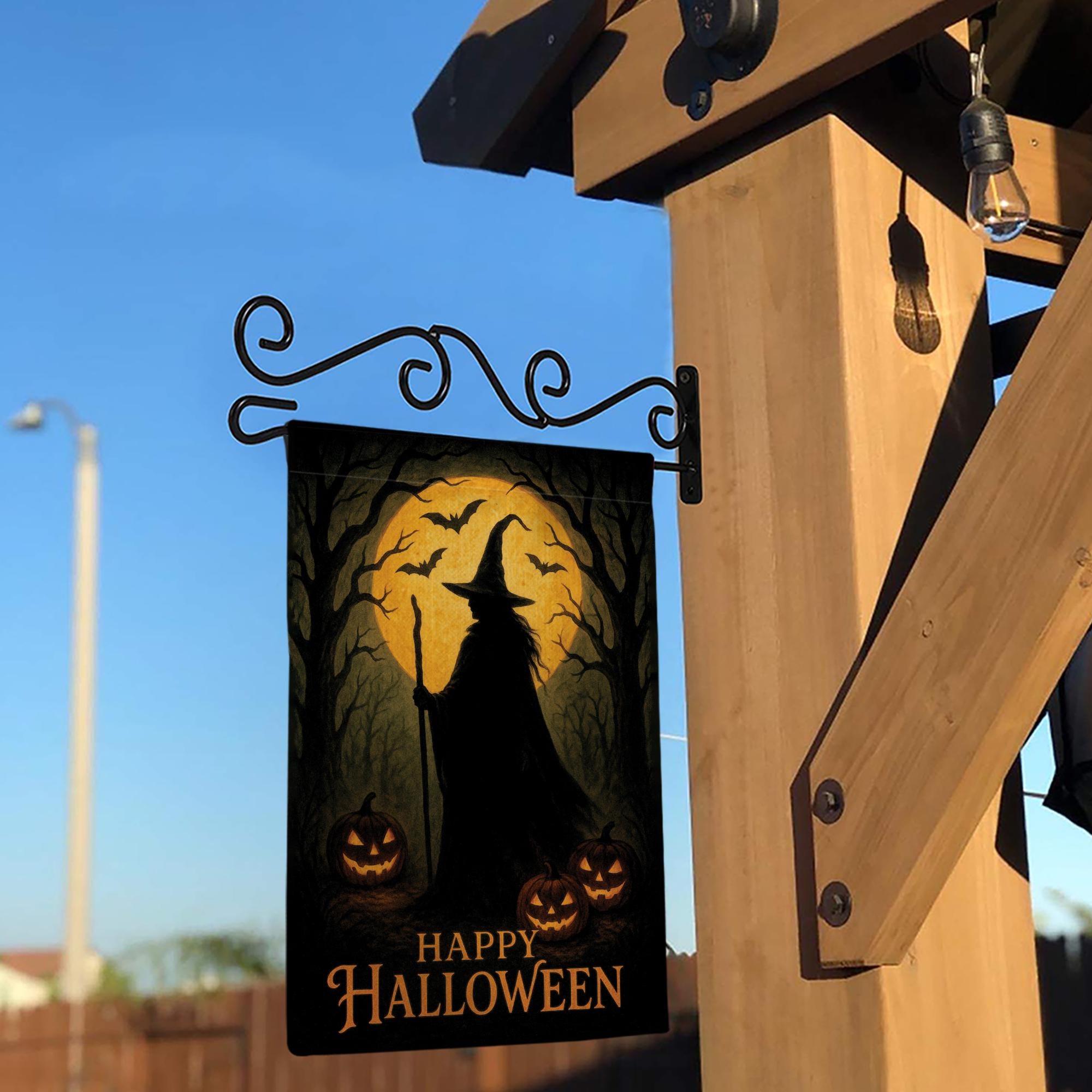 Happy Halloween Garden Flag, Witch Silhouette Outdoor Yard Banner, Spooky Pumpkin and Bat Porch Decor, Seasonal Gothic Decoration