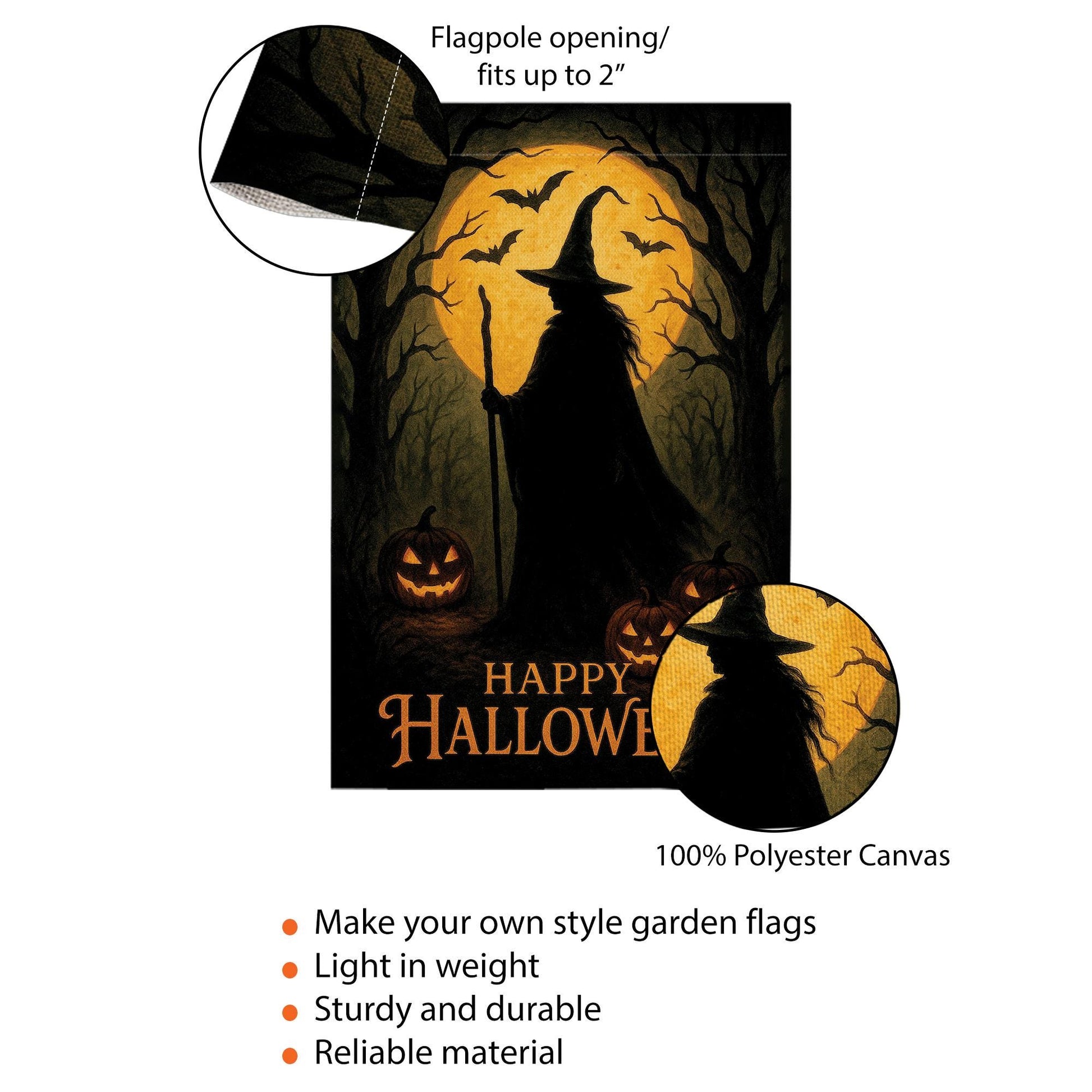 Happy Halloween Garden Flag, Witch Silhouette Outdoor Yard Banner, Spooky Pumpkin and Bat Porch Decor, Seasonal Gothic Decoration