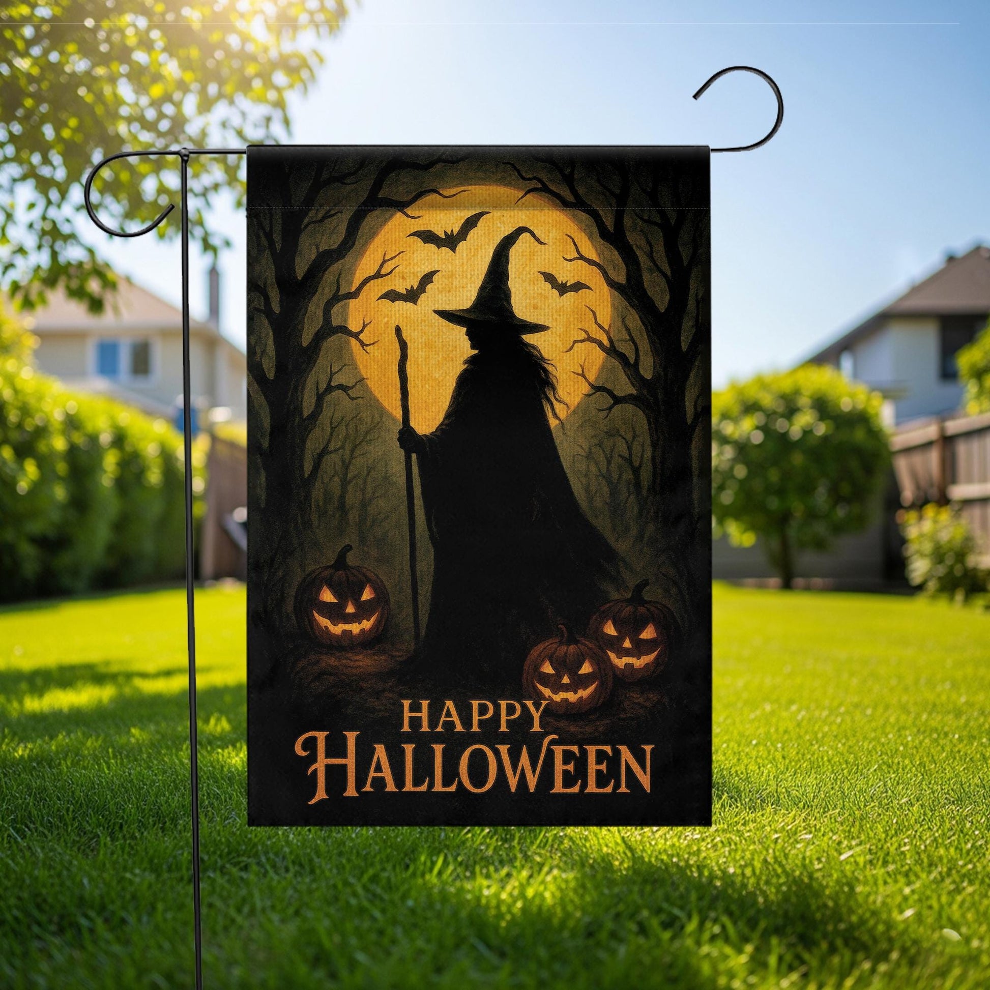 Happy Halloween Garden Flag, Witch Silhouette Outdoor Yard Banner, Spooky Pumpkin and Bat Porch Decor, Seasonal Gothic Decoration