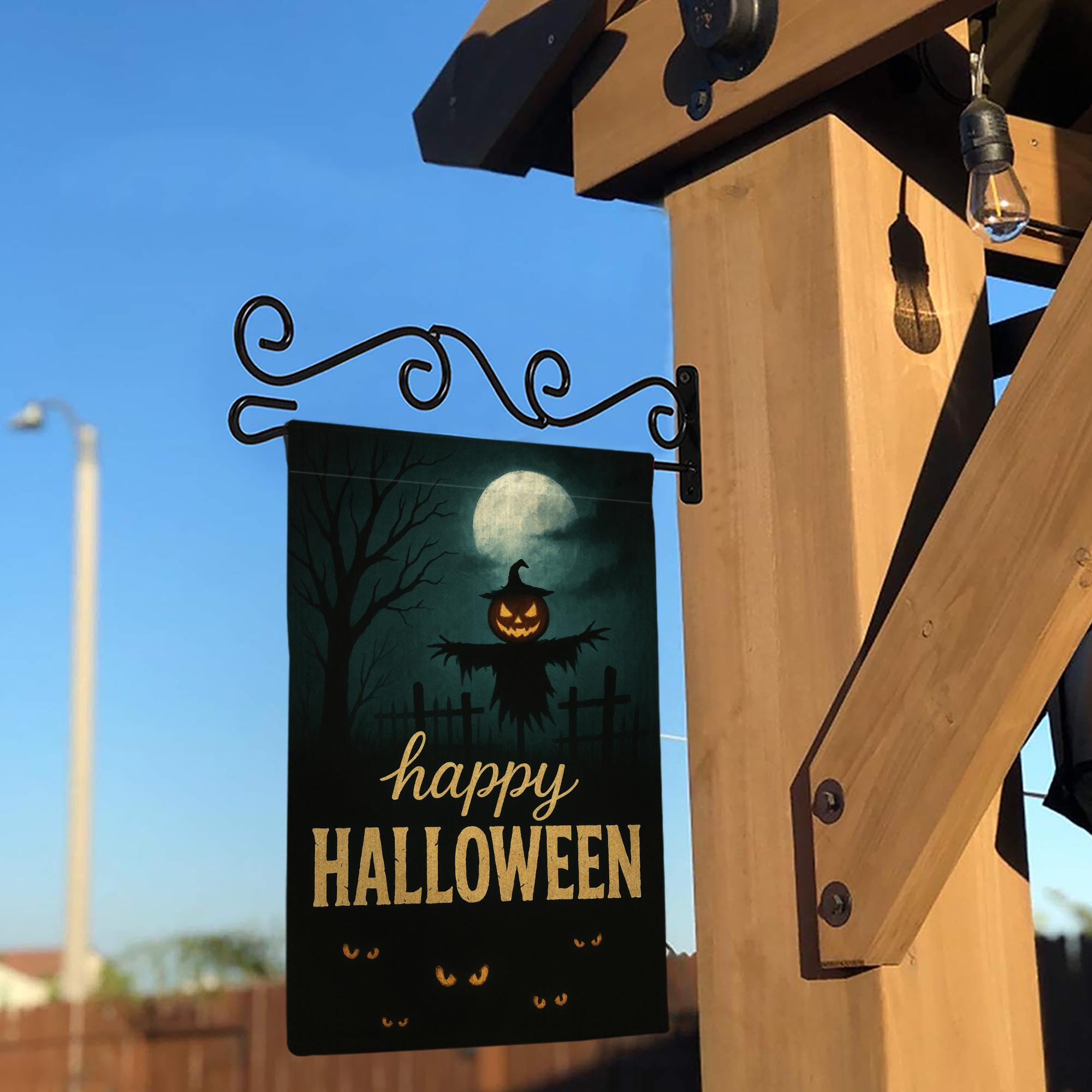 Happy Halloween Garden Flag, Scary Pumpkin Scarecrow Outdoor Yard Banner, Spooky Moonlit Porch Decoration, Gothic Seasonal Decor