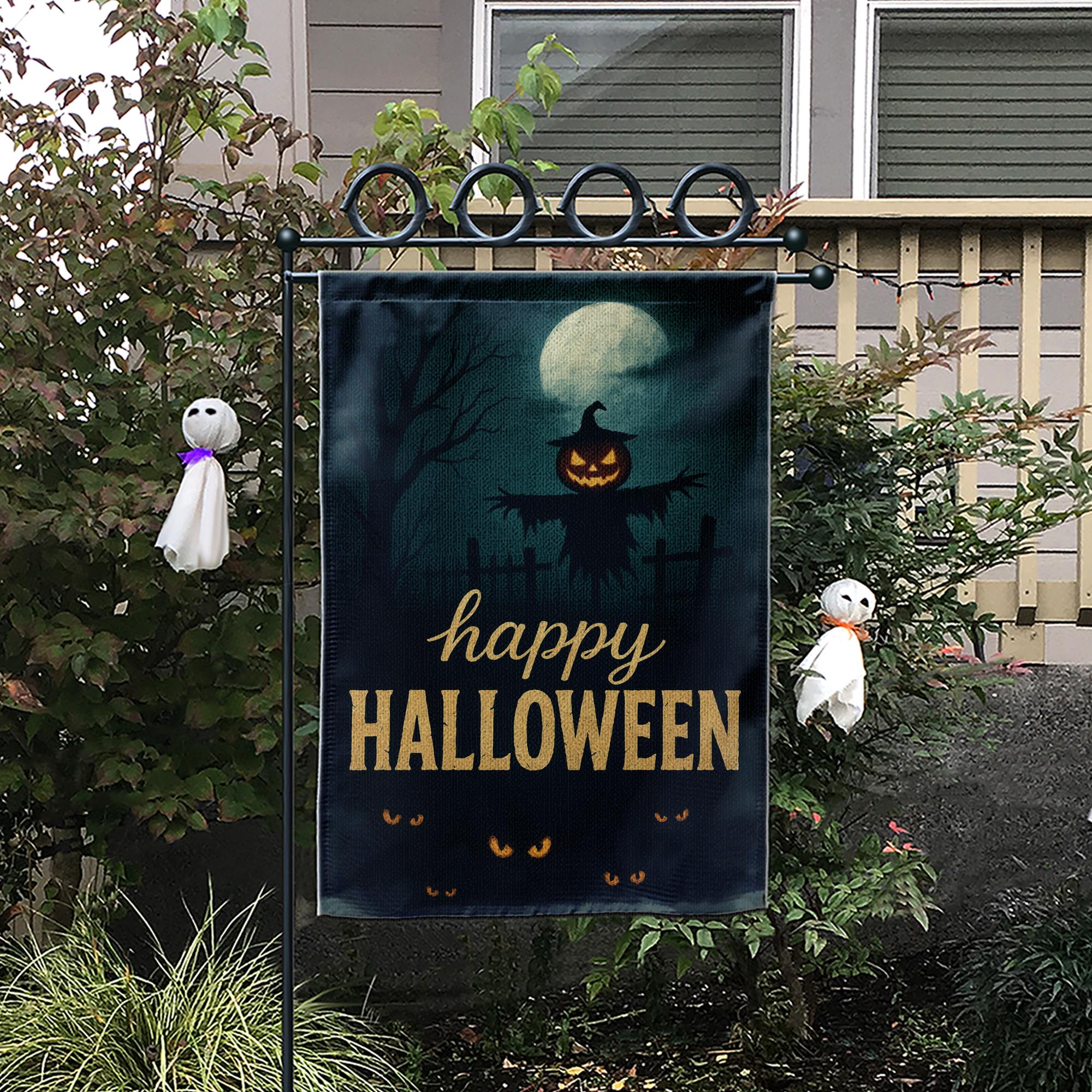 Happy Halloween Garden Flag, Scary Pumpkin Scarecrow Outdoor Yard Banner, Spooky Moonlit Porch Decoration, Gothic Seasonal Decor