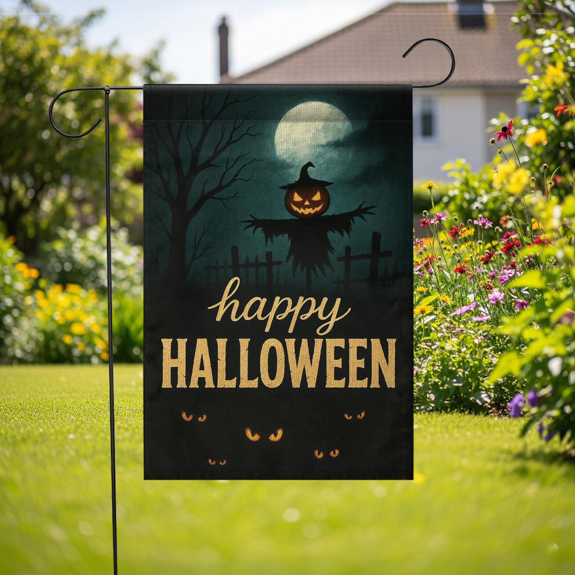 Happy Halloween Garden Flag, Scary Pumpkin Scarecrow Outdoor Yard Banner, Spooky Moonlit Porch Decoration, Gothic Seasonal Decor