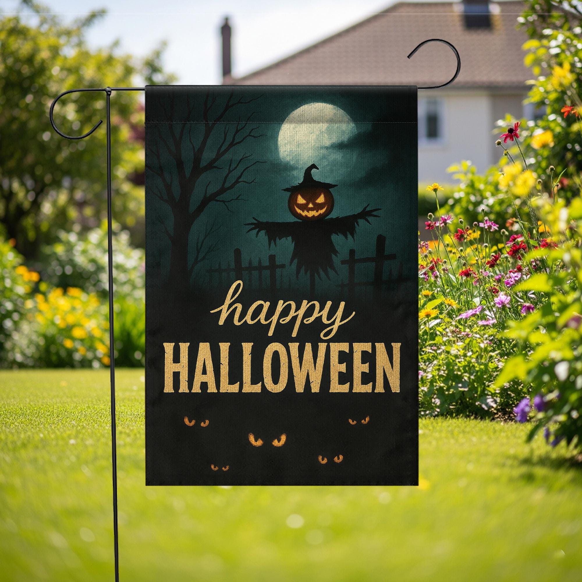 Happy Halloween Garden Flag, Scary Pumpkin Scarecrow Outdoor Yard Banner, Spooky Moonlit Porch Decoration, Gothic Seasonal Decor