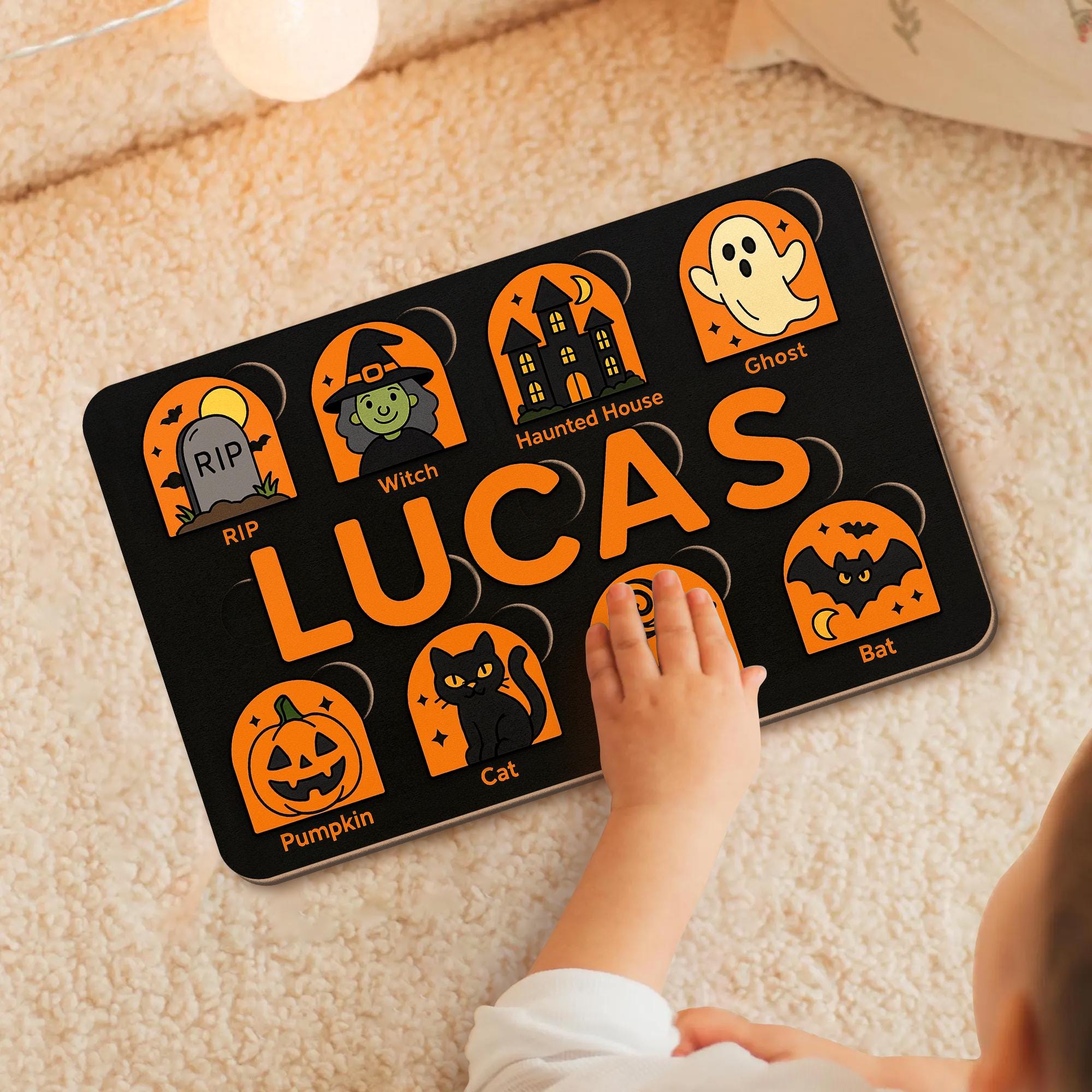 Personalized Halloween Wooden Puzzle, Custom Name Toddler Puzzle Toy, Montessori Educational Gift, Baby First Halloween Learning