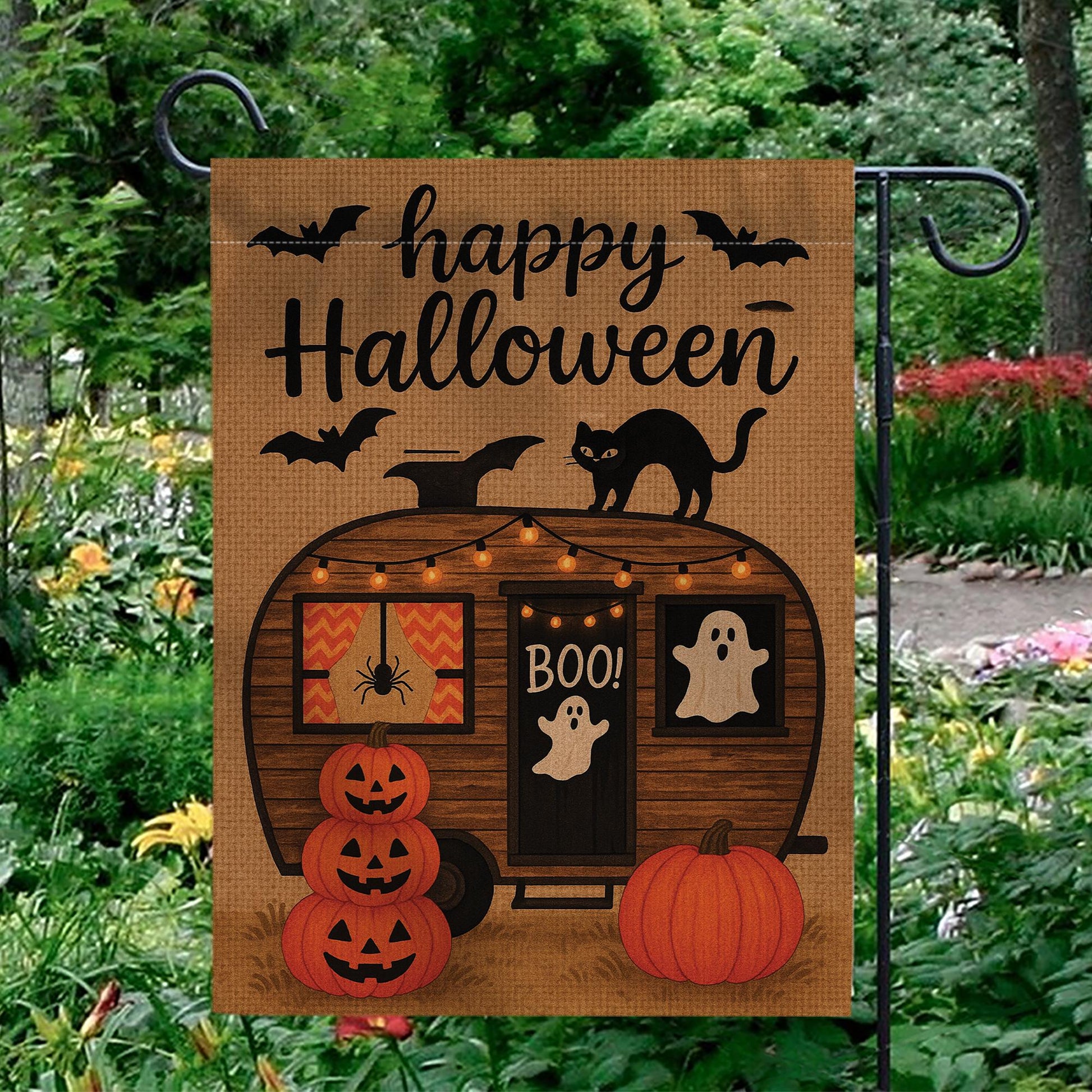 Happy Halloween Garden Flag, Spooky Camper Yard Banner, Pumpkin Ghost Cat Outdoor Decor, Rustic Seasonal Porch Decoration