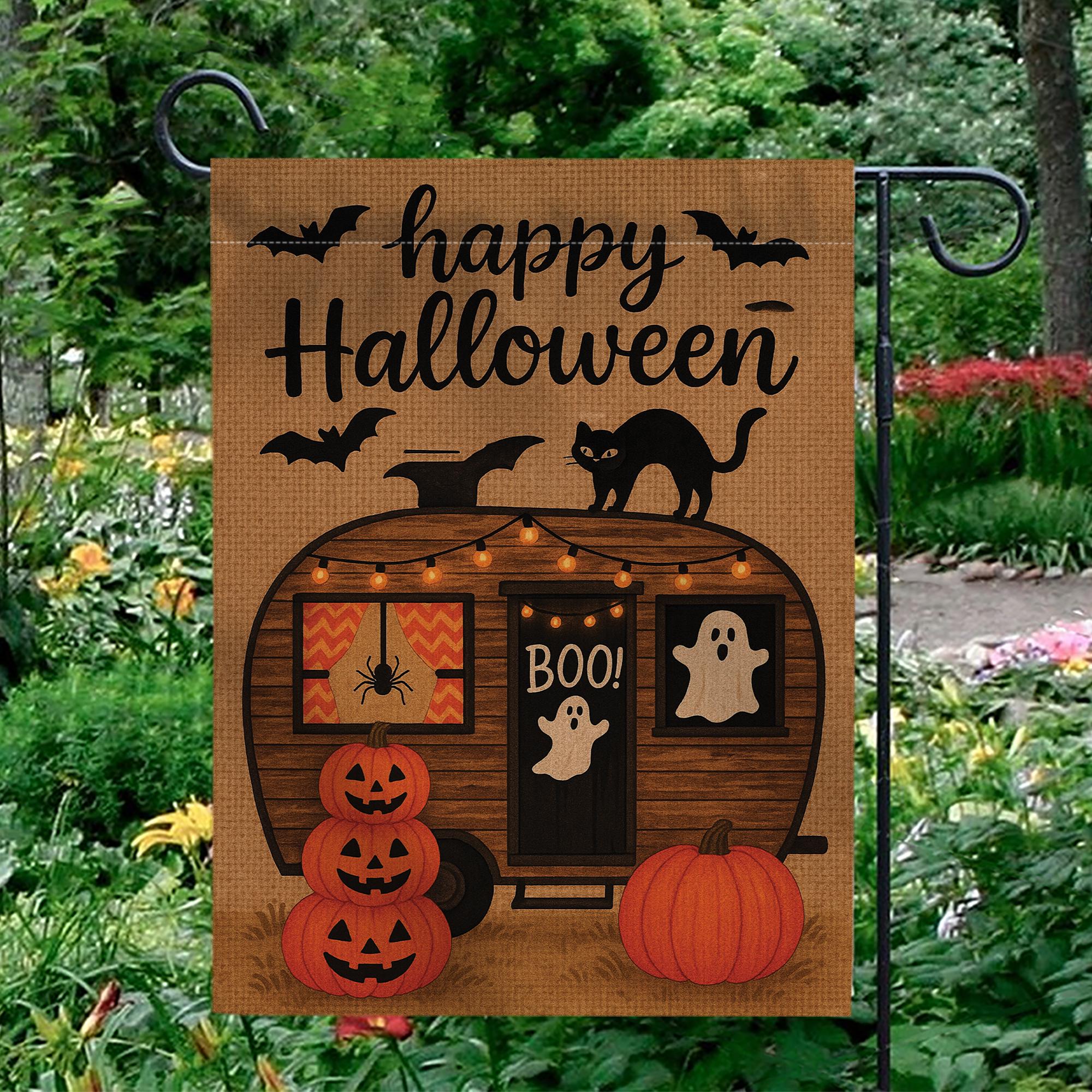 Happy Halloween Garden Flag, Spooky Camper Yard Banner, Pumpkin Ghost Cat Outdoor Decor, Rustic Seasonal Porch Decoration
