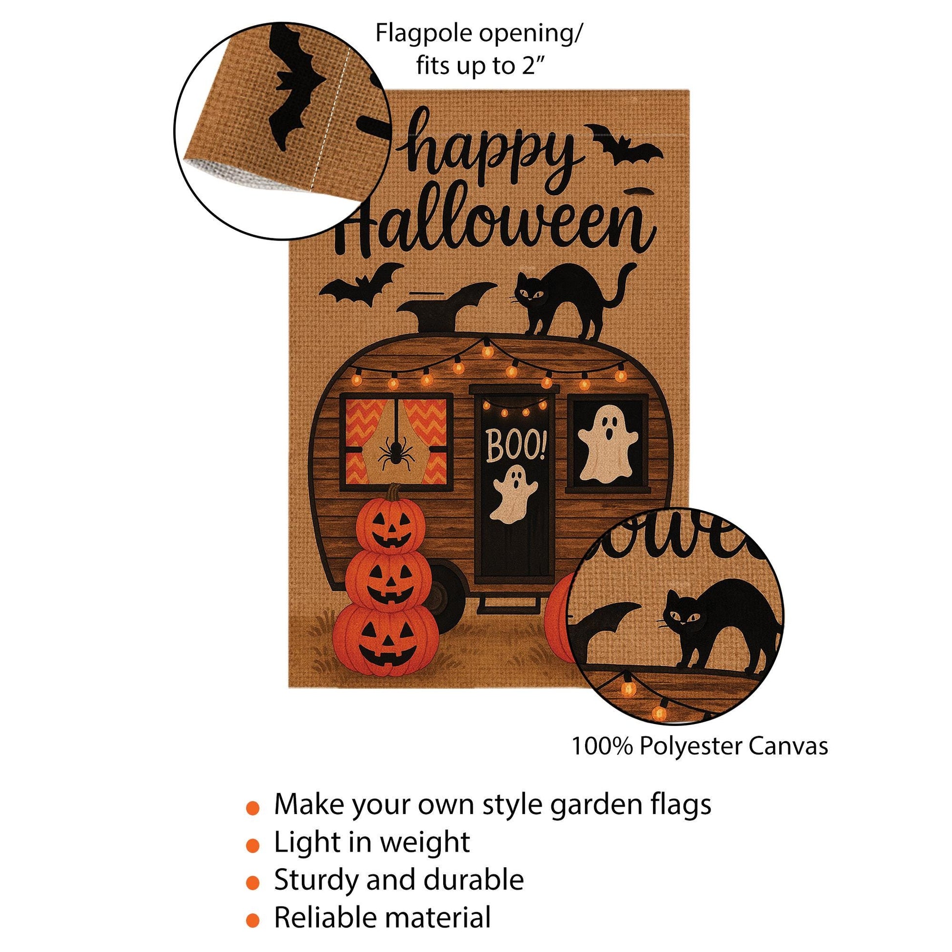 Happy Halloween Garden Flag, Spooky Camper Yard Banner, Pumpkin Ghost Cat Outdoor Decor, Rustic Seasonal Porch Decoration