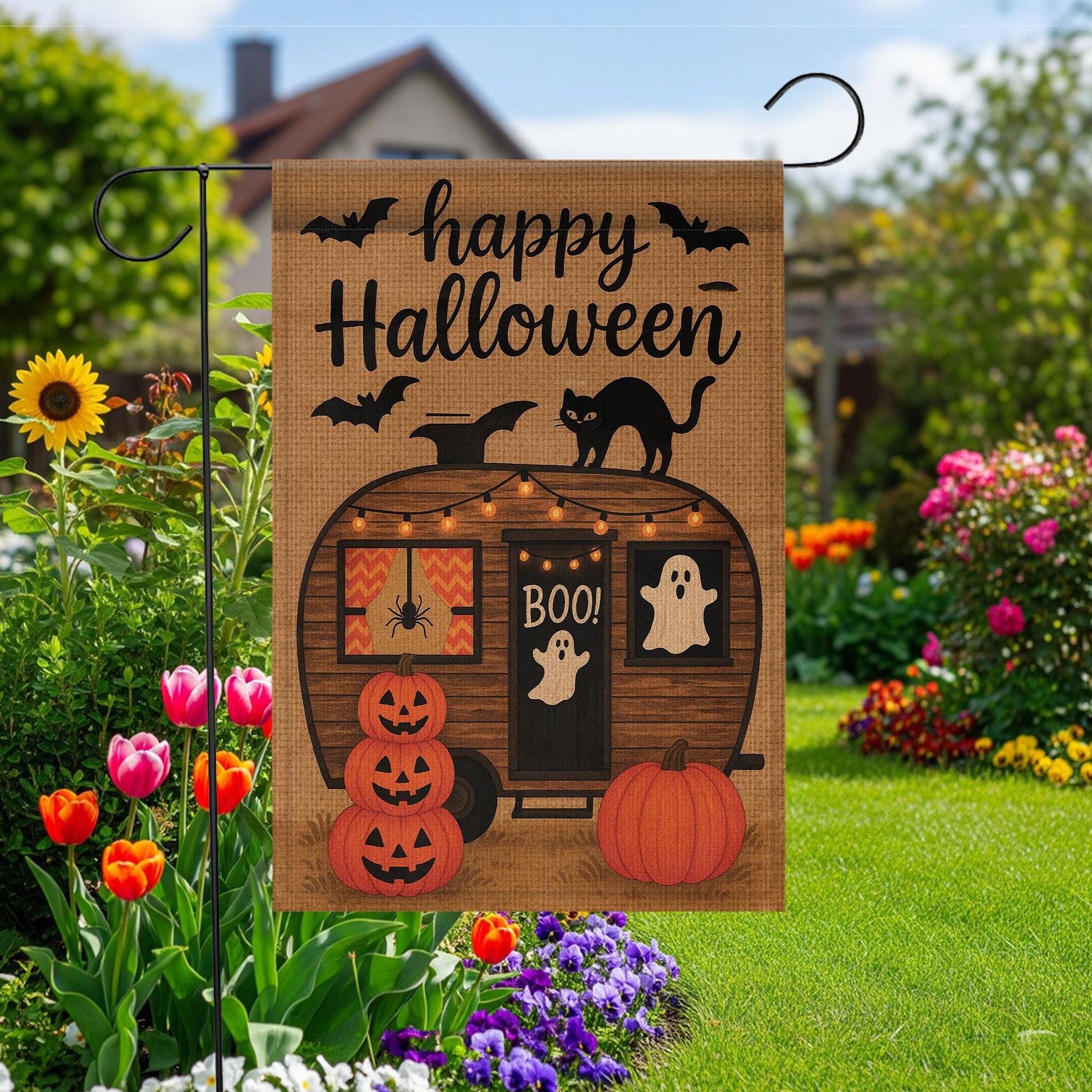 Happy Halloween Garden Flag, Spooky Camper Yard Banner, Pumpkin Ghost Cat Outdoor Decor, Rustic Seasonal Porch Decoration