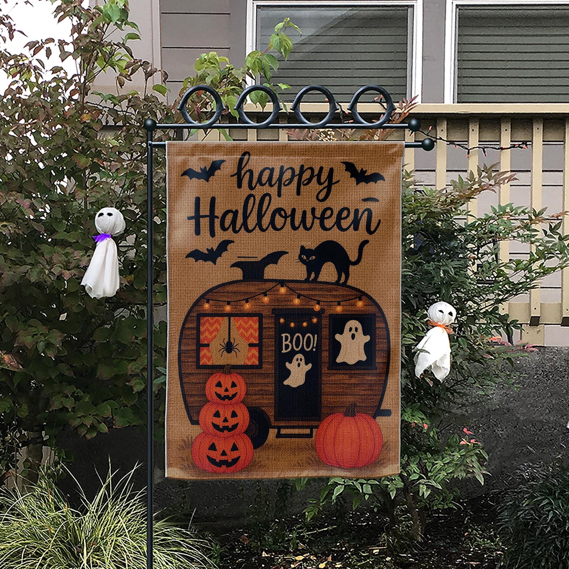 Happy Halloween Garden Flag, Spooky Camper Yard Banner, Pumpkin Ghost Cat Outdoor Decor, Rustic Seasonal Porch Decoration