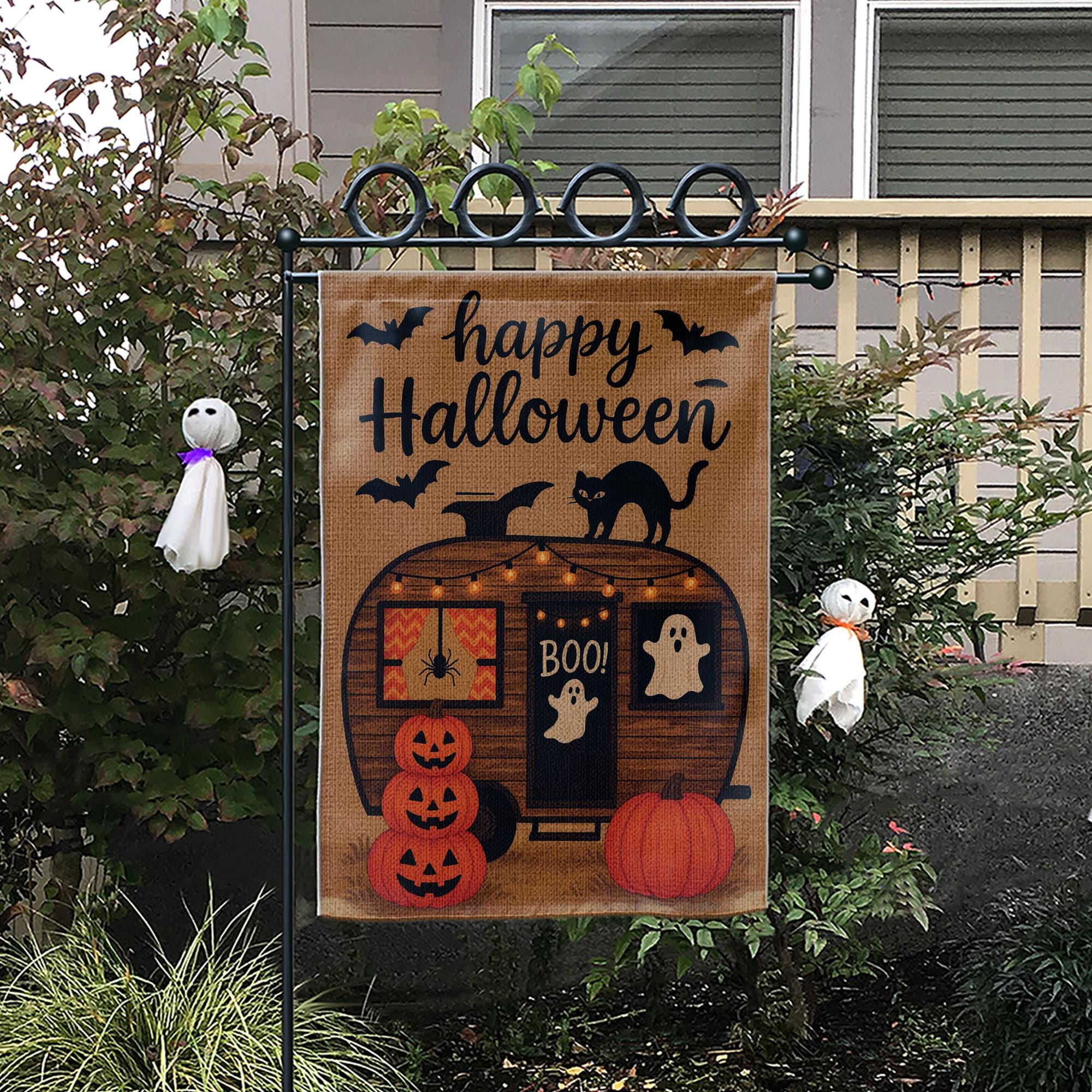 Happy Halloween Garden Flag, Spooky Camper Yard Banner, Pumpkin Ghost Cat Outdoor Decor, Rustic Seasonal Porch Decoration