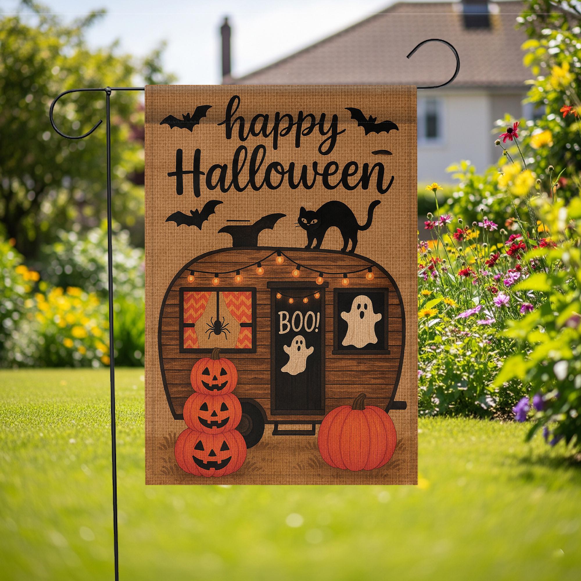 Happy Halloween Garden Flag, Spooky Camper Yard Banner, Pumpkin Ghost Cat Outdoor Decor, Rustic Seasonal Porch Decoration