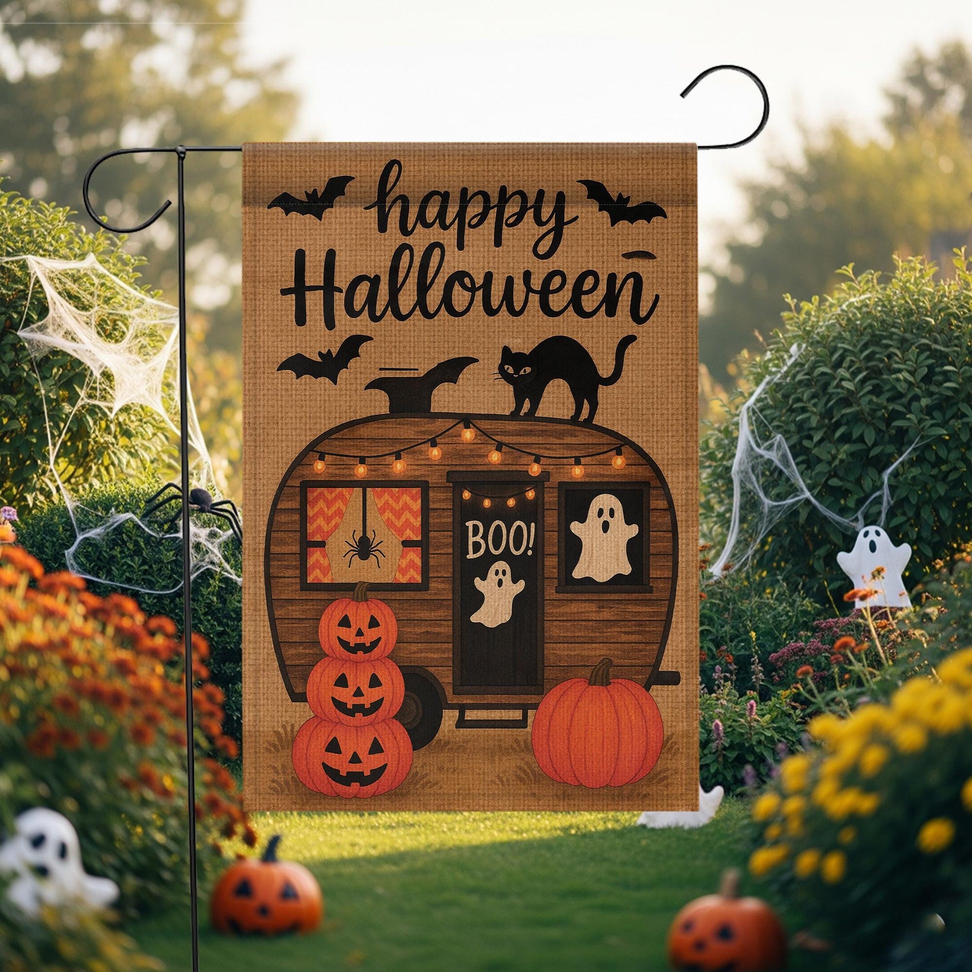 Happy Halloween Garden Flag, Spooky Camper Yard Banner, Pumpkin Ghost Cat Outdoor Decor, Rustic Seasonal Porch Decoration