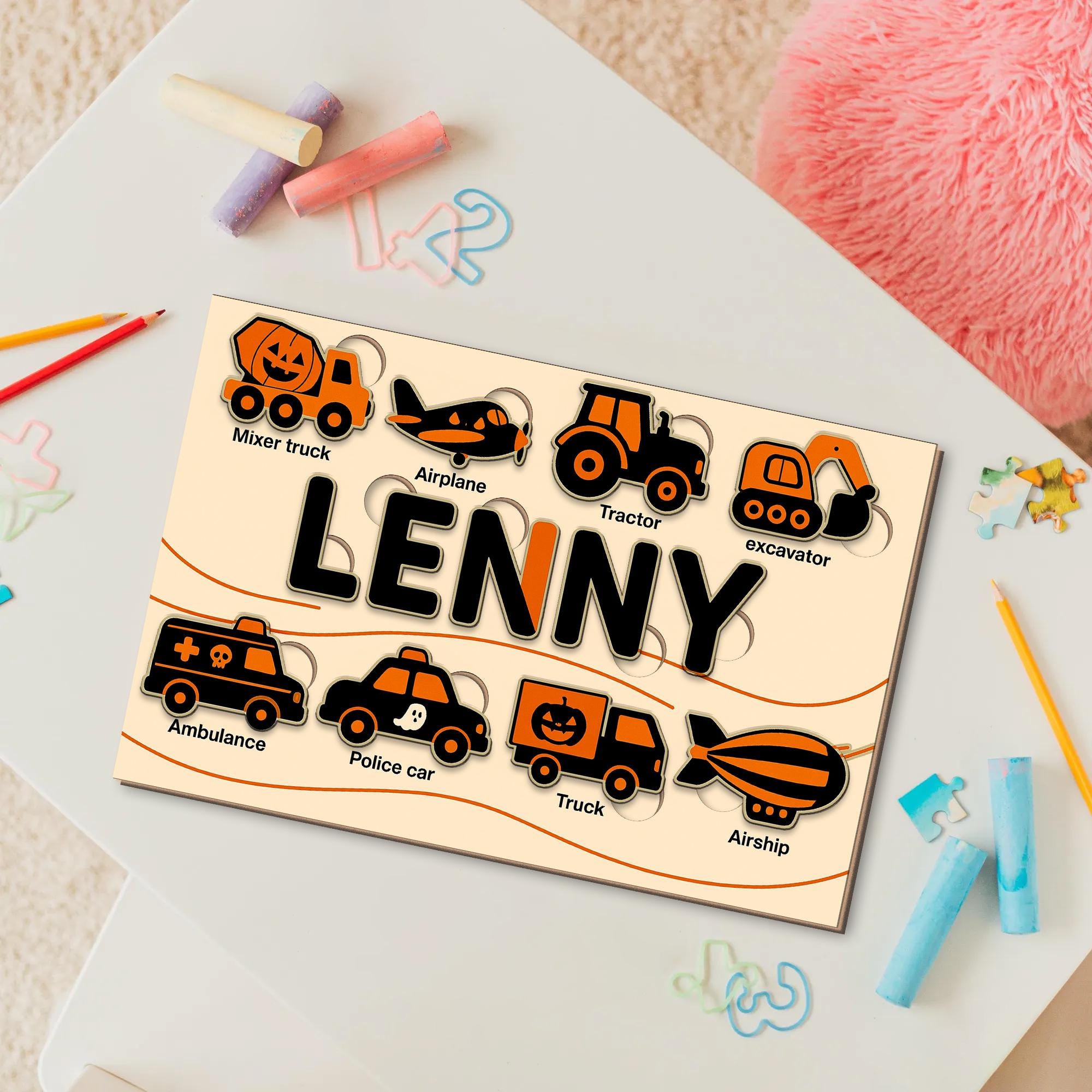 Personalized Halloween Wooden Puzzle, Custom Name Vehicle Puzzle Toy, Montessori Educational Gift, Toddler Learning Car Puzzle