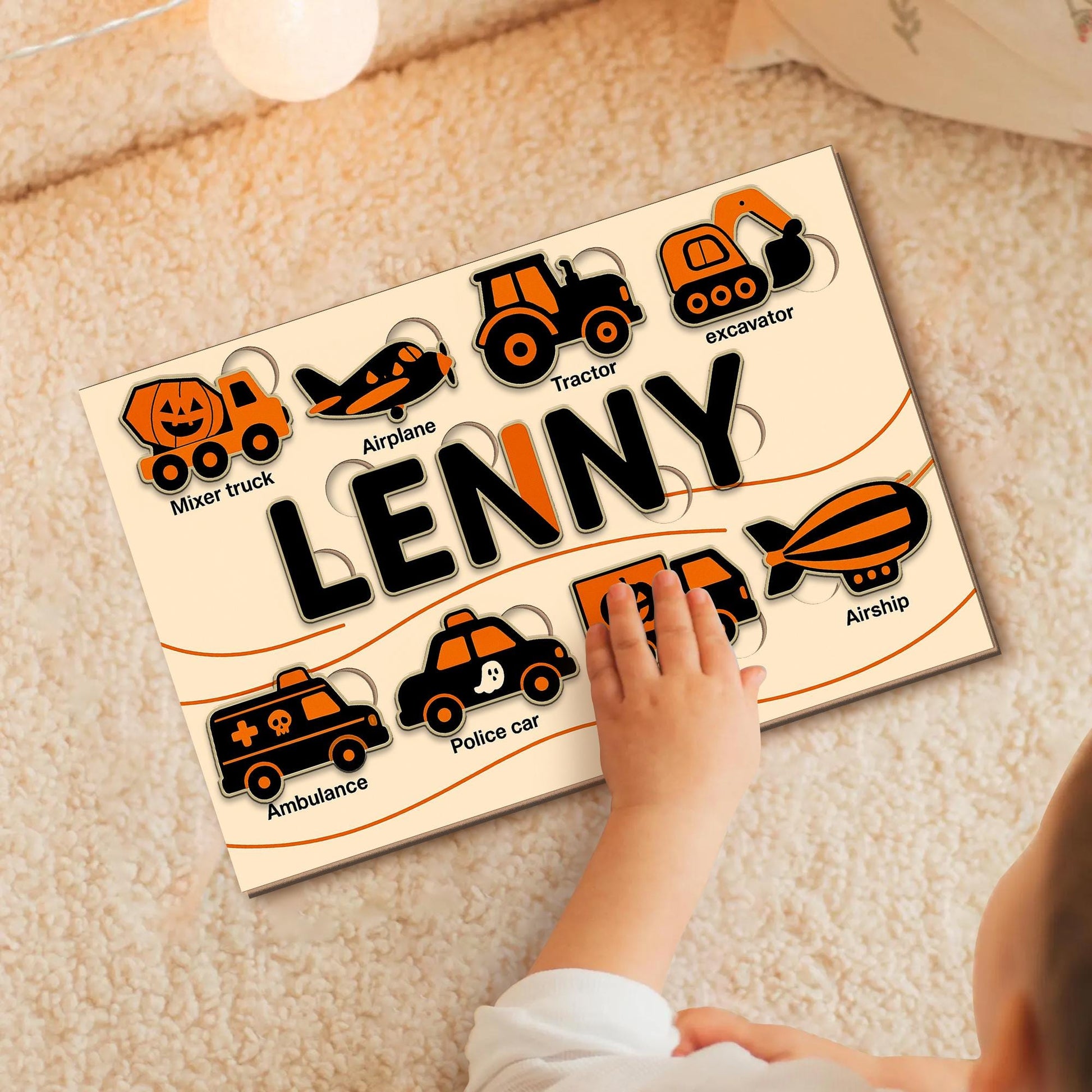 Personalized Halloween Wooden Puzzle, Custom Name Vehicle Puzzle Toy, Montessori Educational Gift, Toddler Learning Car Puzzle