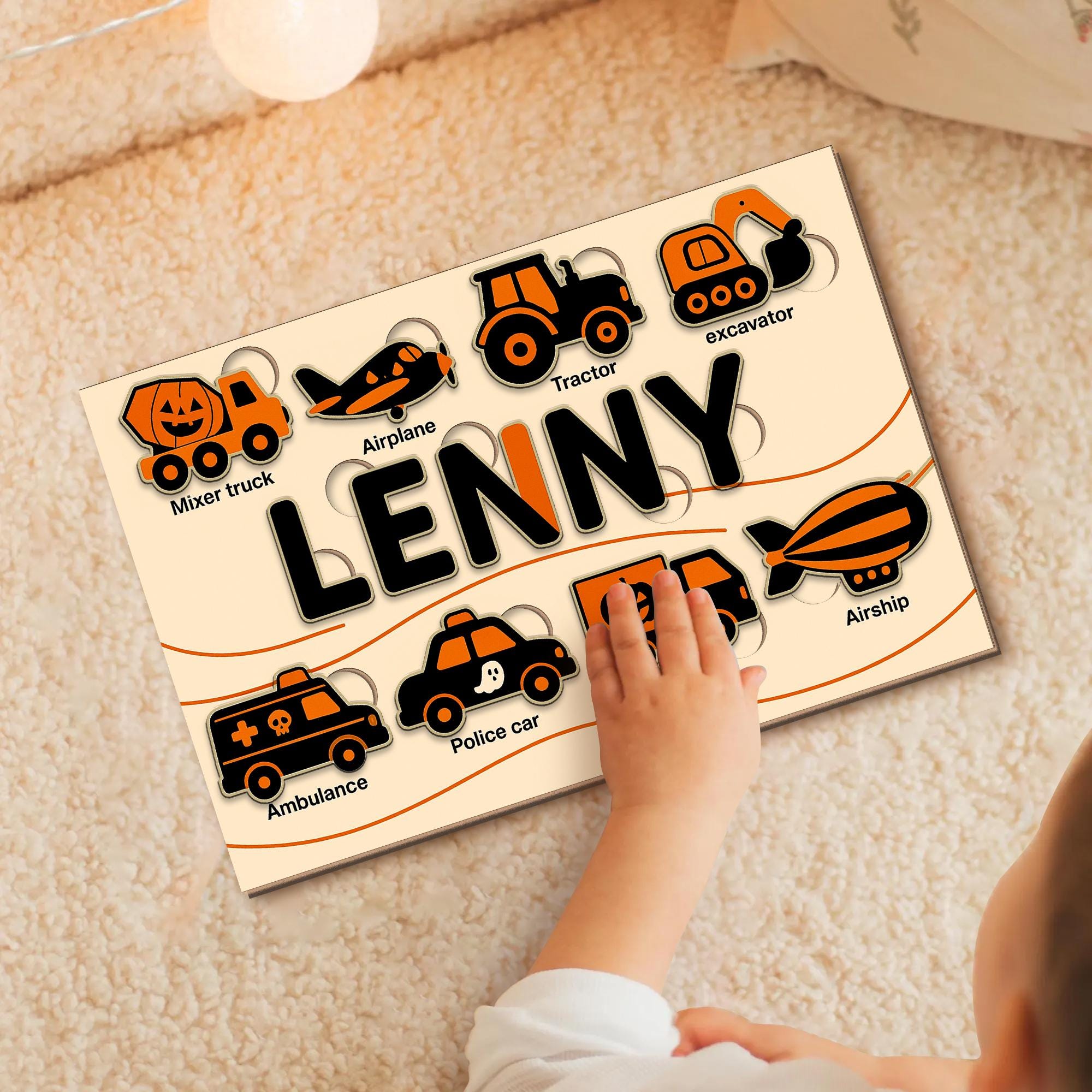 Personalized Halloween Wooden Puzzle, Custom Name Vehicle Puzzle Toy, Montessori Educational Gift, Toddler Learning Car Puzzle