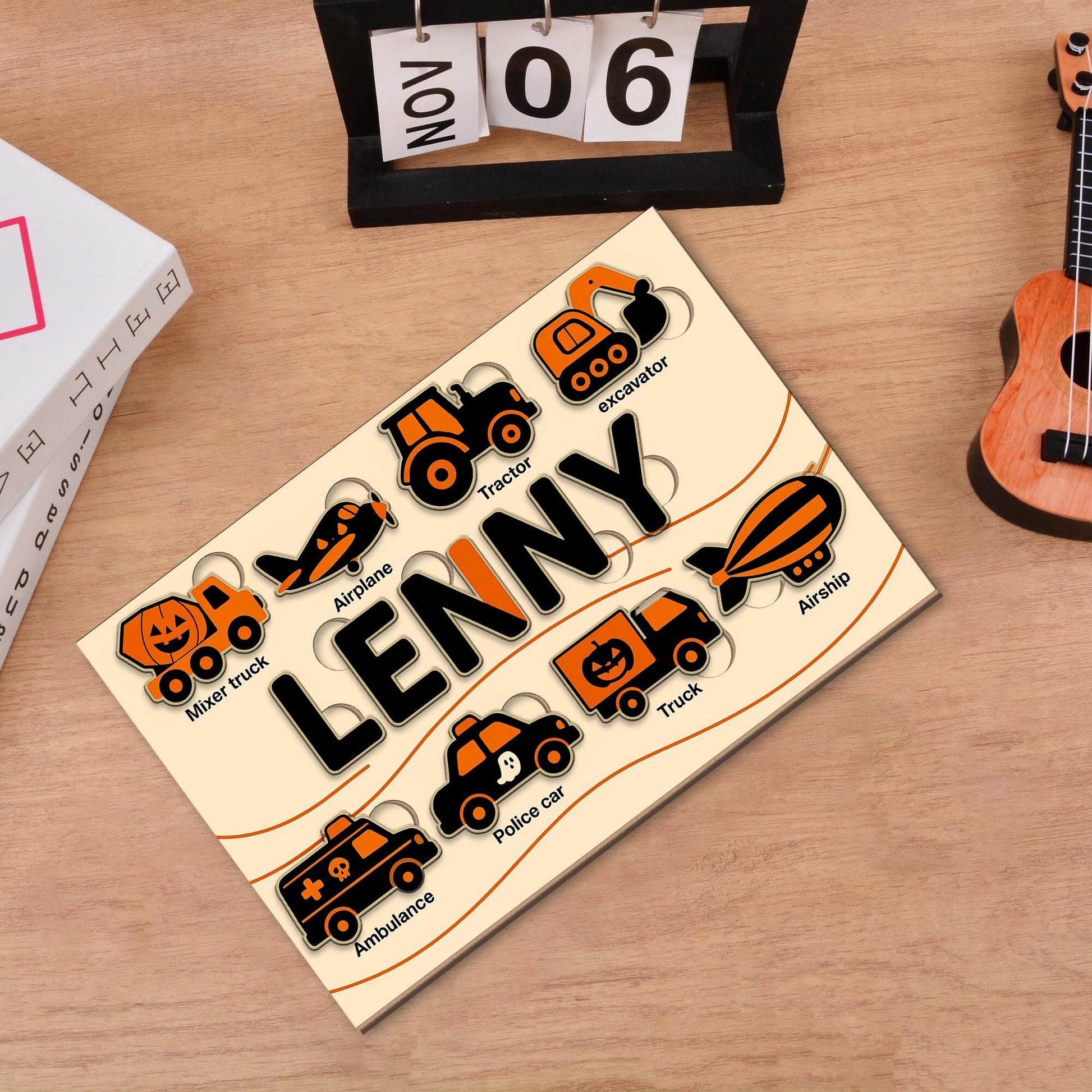Personalized Halloween Wooden Puzzle, Custom Name Vehicle Puzzle Toy, Montessori Educational Gift, Toddler Learning Car Puzzle