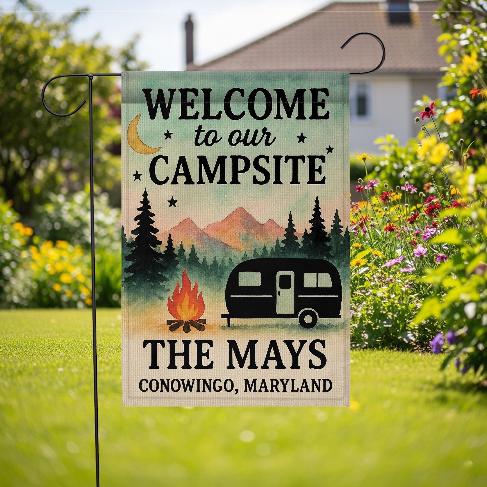 Personalized Campsite Garden Flag, Custom RV Camper Yard Banner, Welcome Outdoor Camping Decor, Family Name Campfire Flag